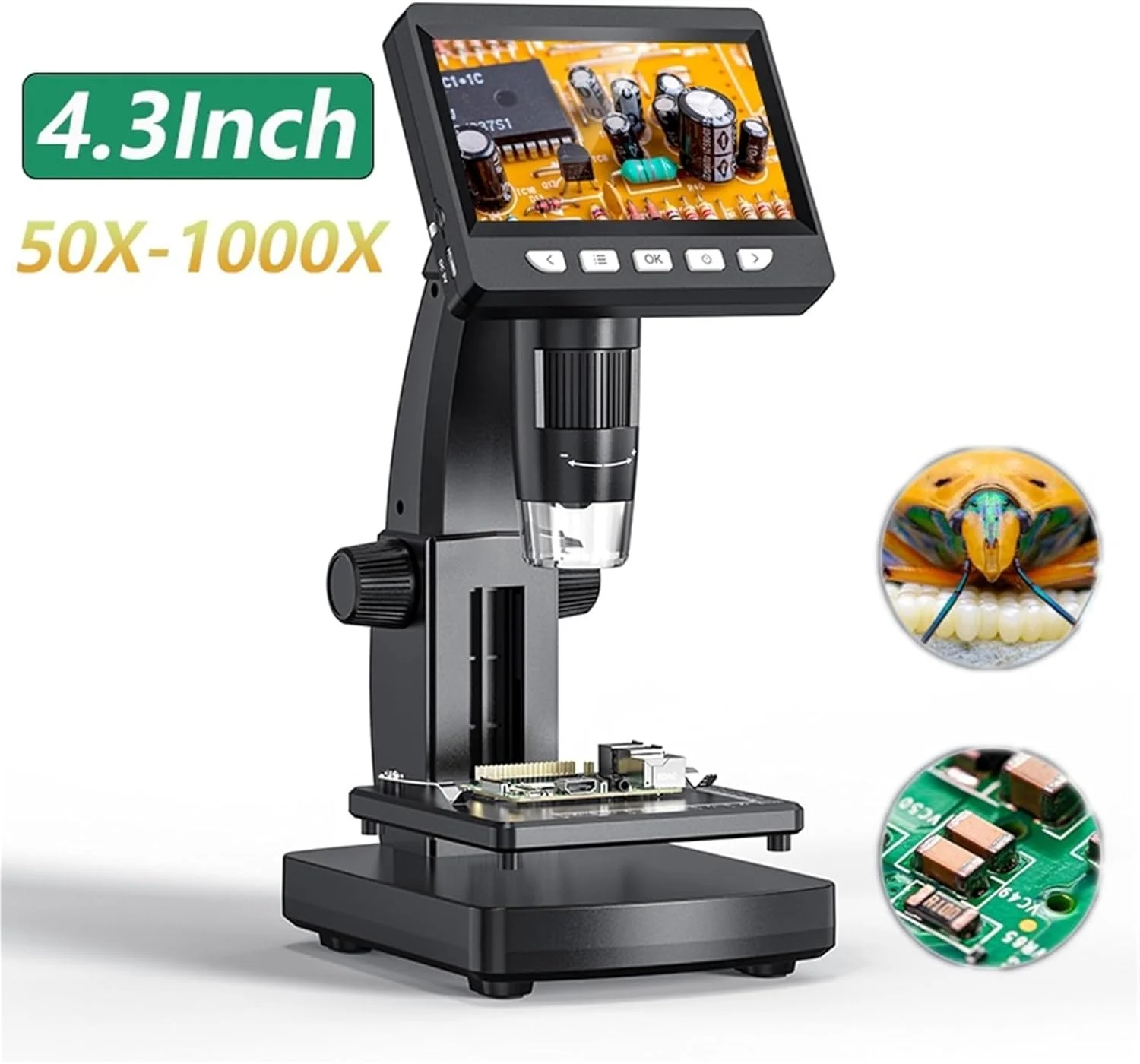 میکروسکوپ دیجیتال 4.3 اینچی با بزرگنمایی 50X-1000X، میکروسکوپ سکه ای USB با کیفیت 2 مگاپیکسل، دارای 8 LED و قابلیت ضبط ویدیو، میکروسکوپ الکترونی مناسب برای کامپیوتر