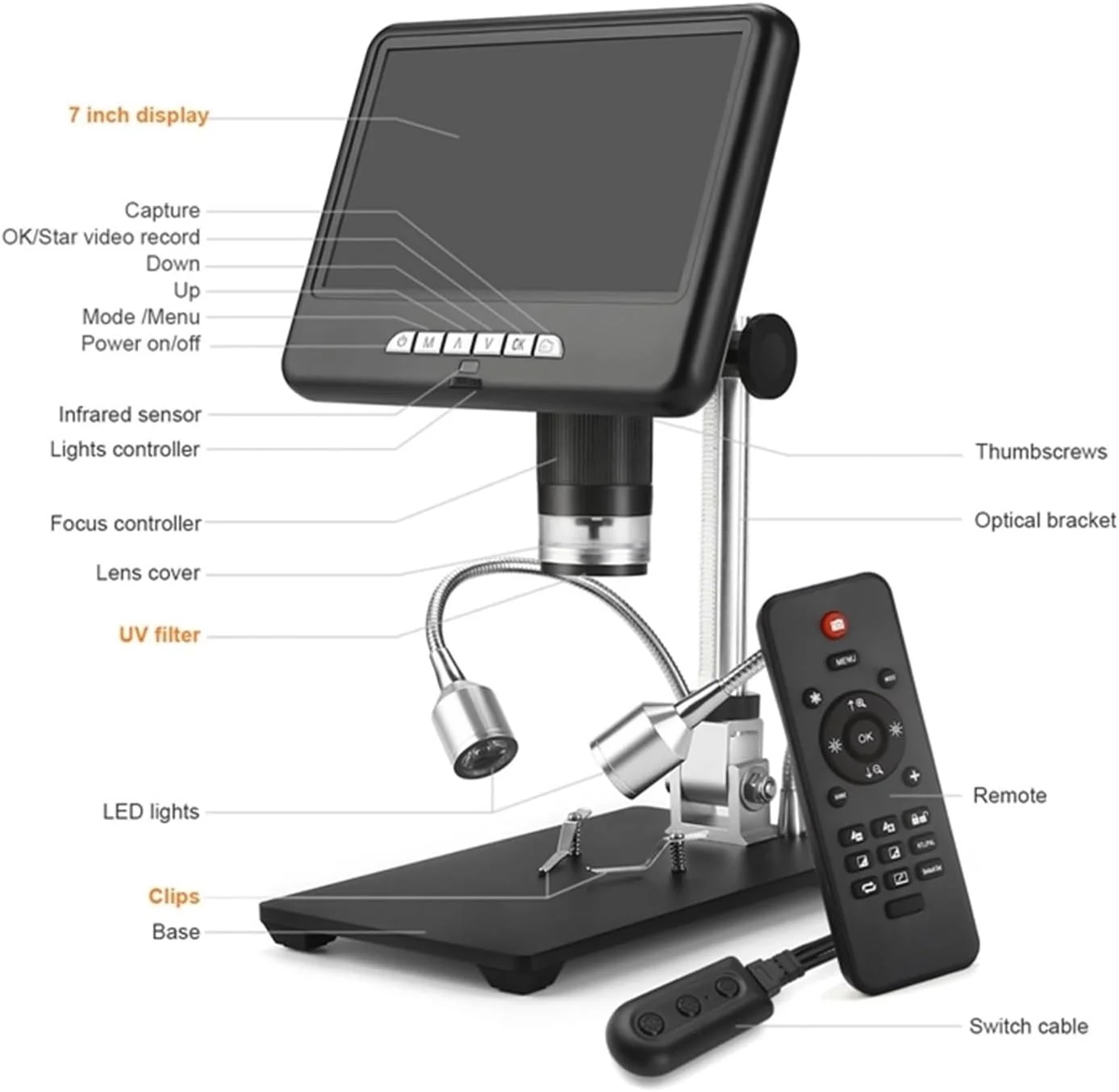 میکروسکوپ دیجیتال 7 اینچی 2 مگاپیکسلی 100X USB سه بعدی برای تعمیر تلفن، ابزار لحیم کاری، ذره بین جواهرات، چرخش تصویر