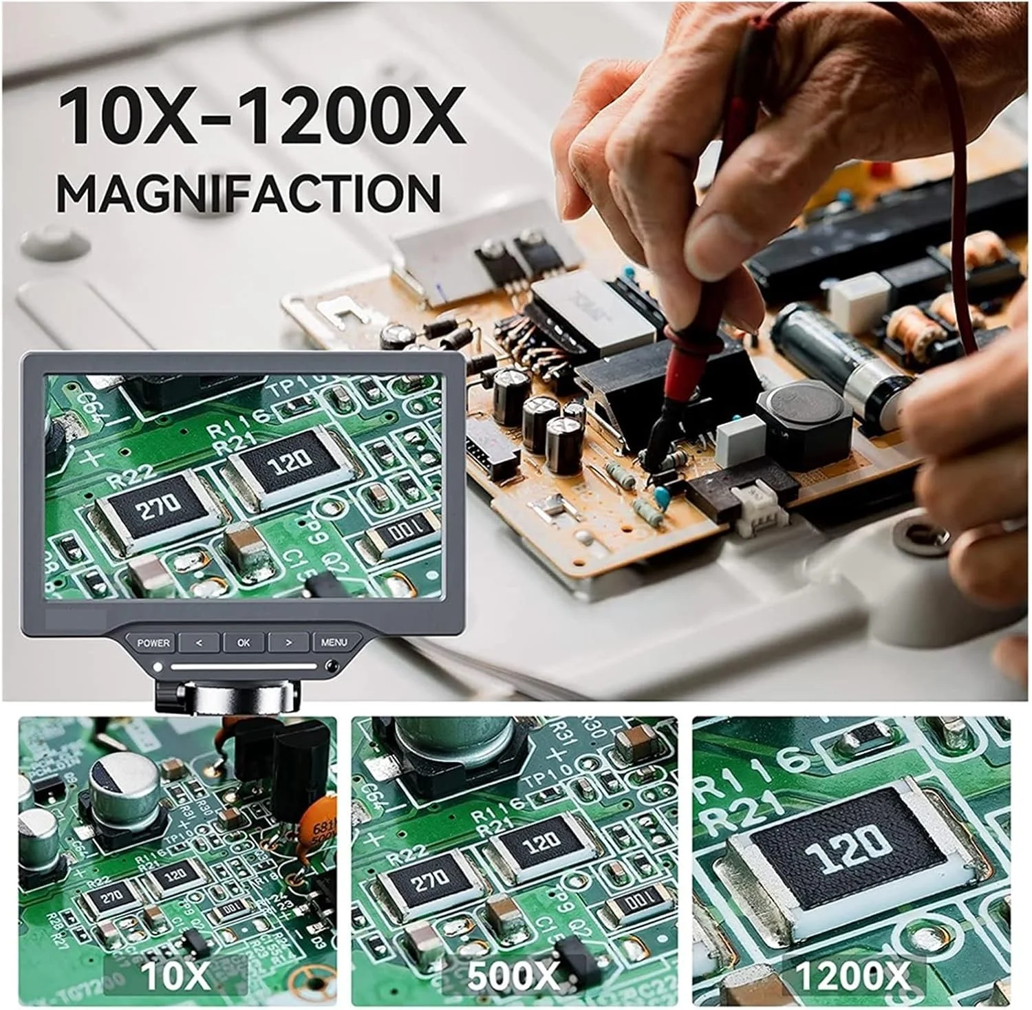 میکروسکوپ دیجیتال 1200X با صفحه نمایش 7 اینچی IPS برای لحیم کاری الکترونیک، تعمیرات و بررسی سکه، 12 مگاپیکسل، سازگار با ویندوز و مک