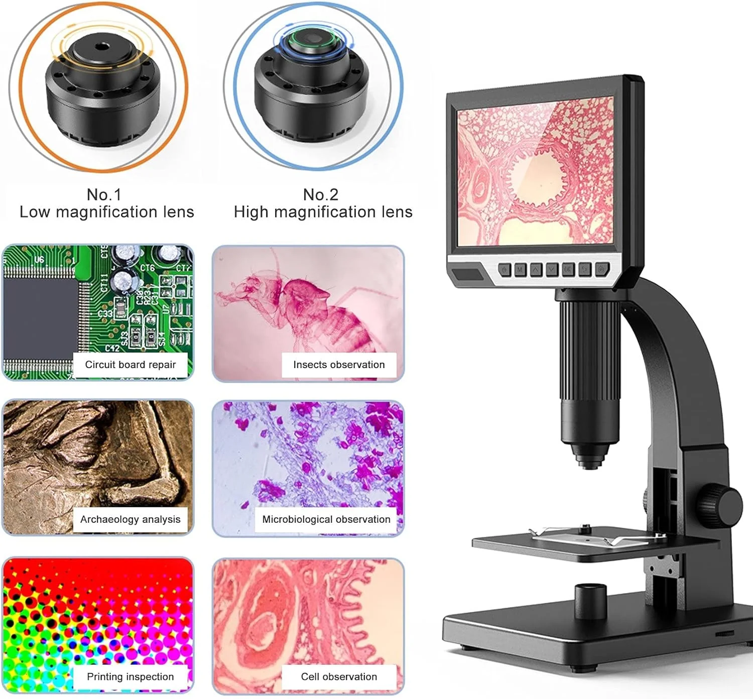 میکروسکوپ دیجیتال LCD، میکروسکوپ بیولوژیکی 2000X با لنز دیجیتال و میکروبی، صفحه نمایش 7 اینچی IPS، 10 LED، رزولوشن 12 مگاپیکسل، سازگار با سیستم عامل ویندوز و مک (2000X)