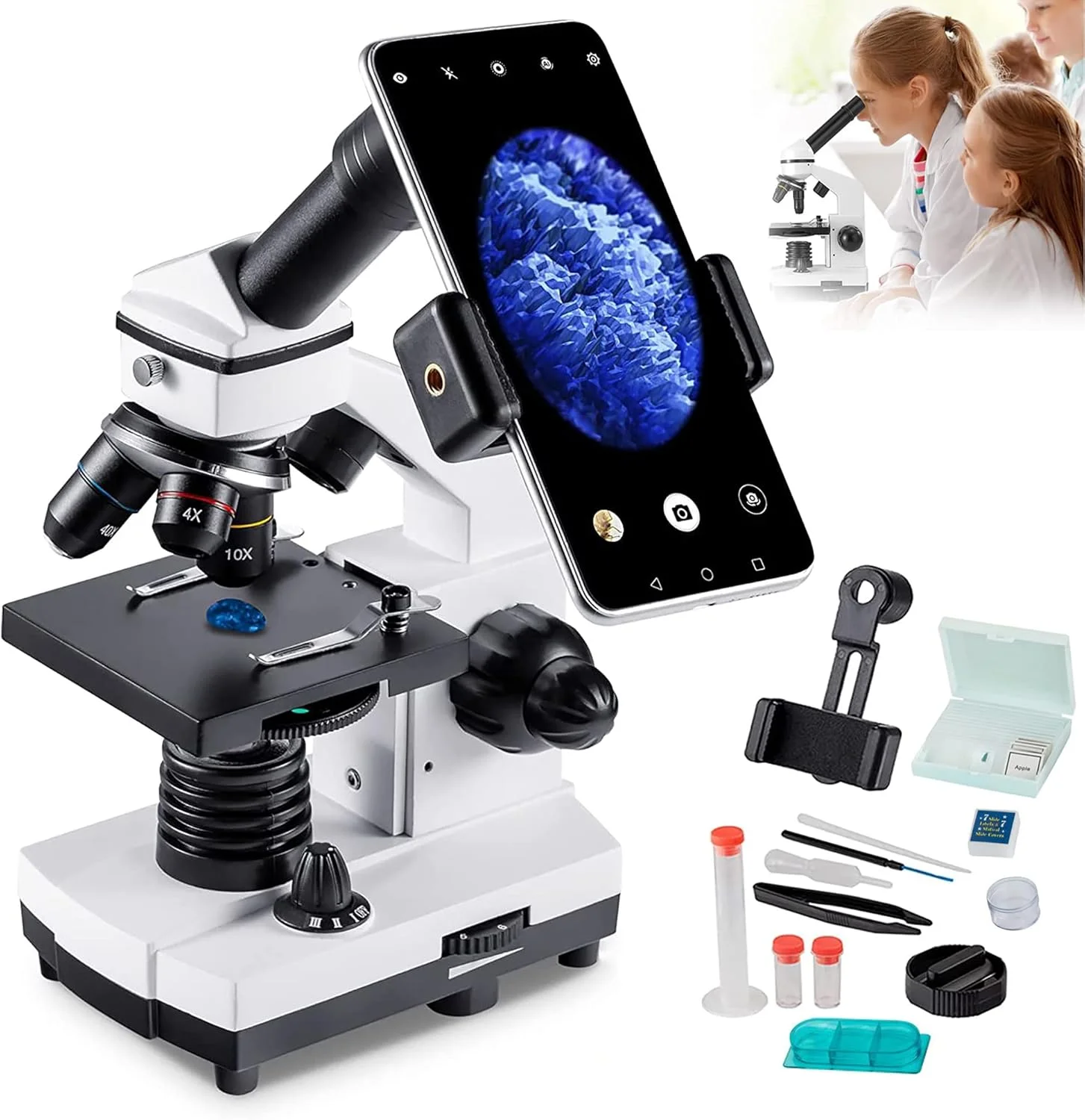 میکروسکوپ تک چشمی مرکب، میکروسکوپ بیولوژیکی با قدرت بالا، عدسی چشمی زاویه باز WF25x / منبع نور LED بالا و پایین / طراحی 45 درجه مناسب بدن انسان، گزینه های هدیه برای کودکان و مشتریان خانواده