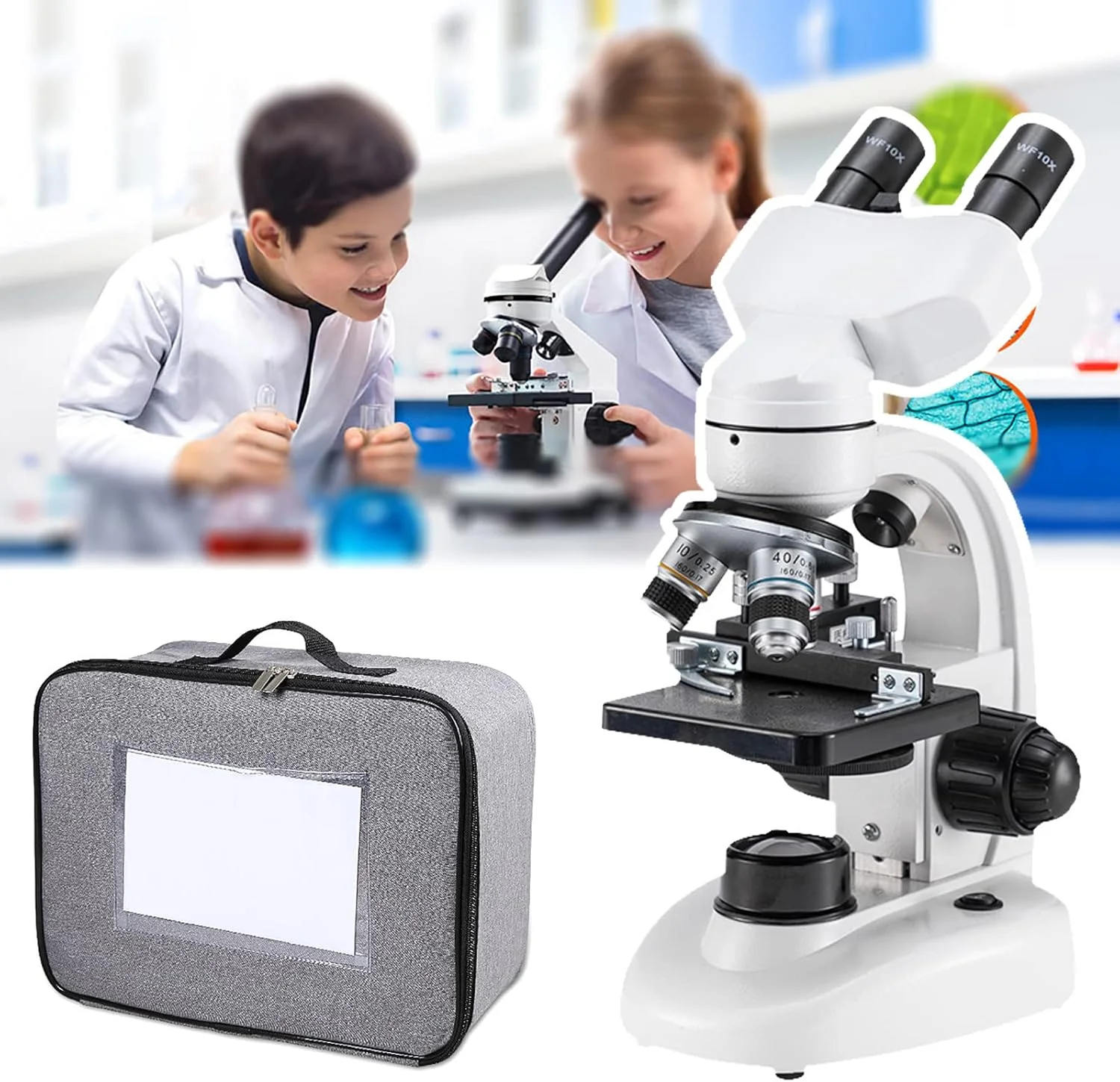 میکروسکوپ دوچشمی HD، چرخش 360 درجه، طراحی شیب 45 درجه، لنزهای آکروماتیک اپتیکال، نوار فیلتر 5 رنگ، با کولیس متحرک، 30 نمونه، 10000X