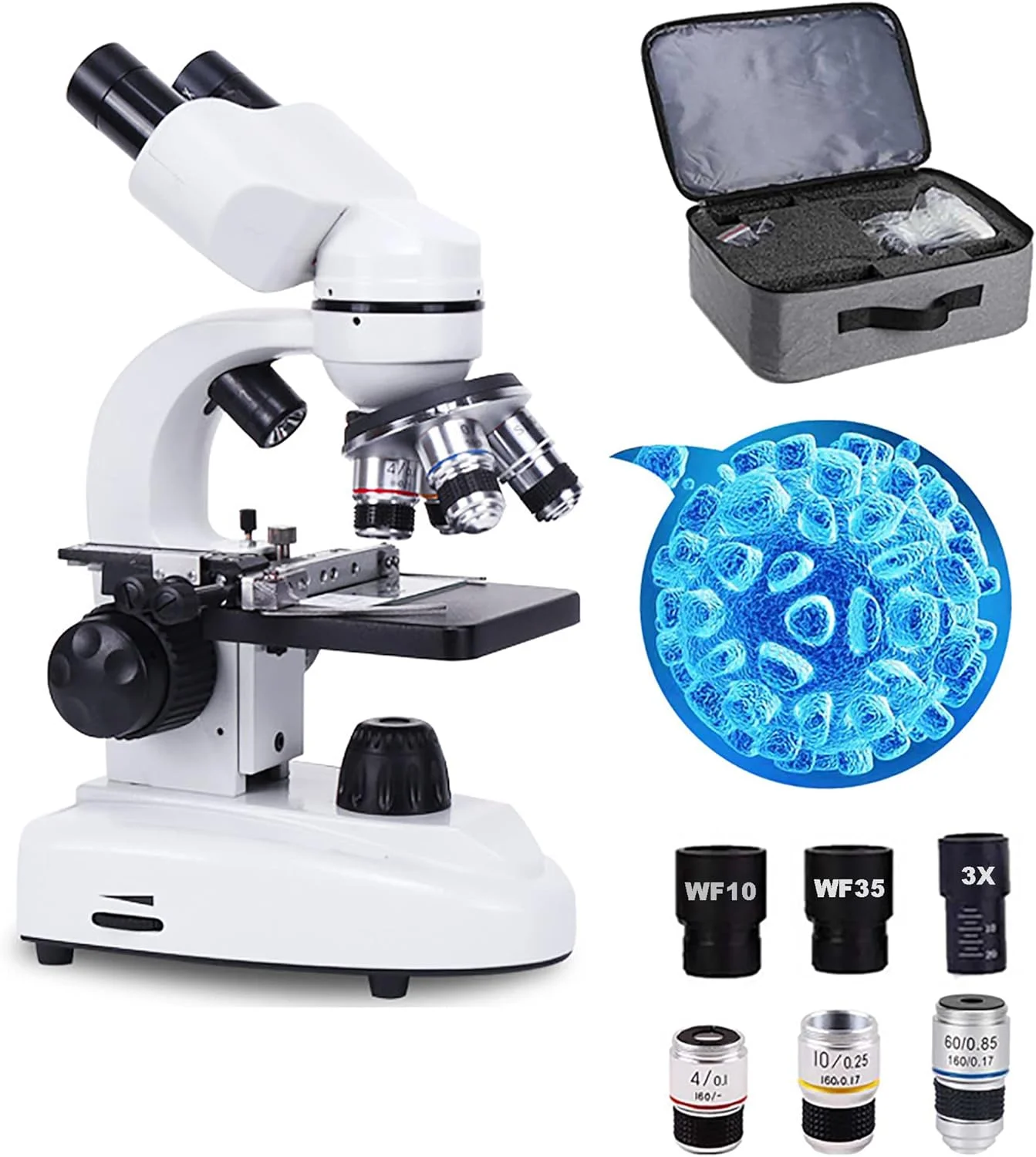 میکروسکوپ دانش آموزی 4X-100X، میکروسکوپ دو چشمی مرکب، استیج مکانیکی دو لایه، با 30 نمونه/نورپردازی LED/نگهدارنده تلفن همراه، مناسب برای بزرگسالان و نوجوانان