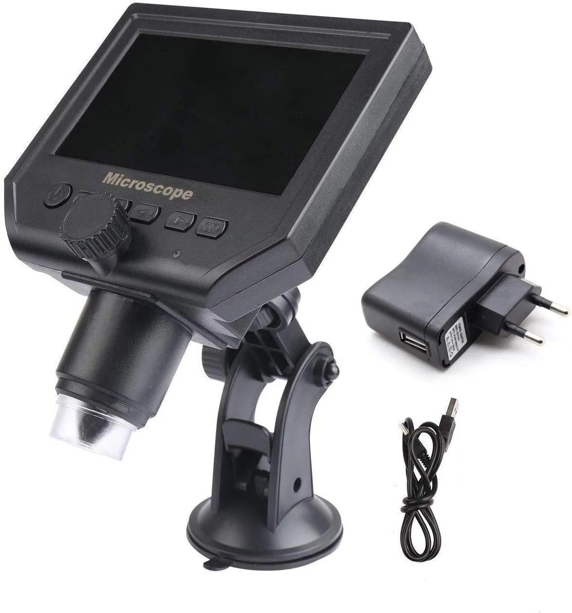 میکروسکوپ دیجیتال ال سی دی هوشمند قابل حمل G600 با صفحه نمایش 4.3 اینچی HD و بزرگنمایی 1-600x و سنسور تصویر 3.6 مگاپیکسلی با رزولوشن بالا 1080p/720p/VGA به همراه پایه قابل تنظیم برای کنترل کیفیت/صنعتی/بازرسی مجموعه