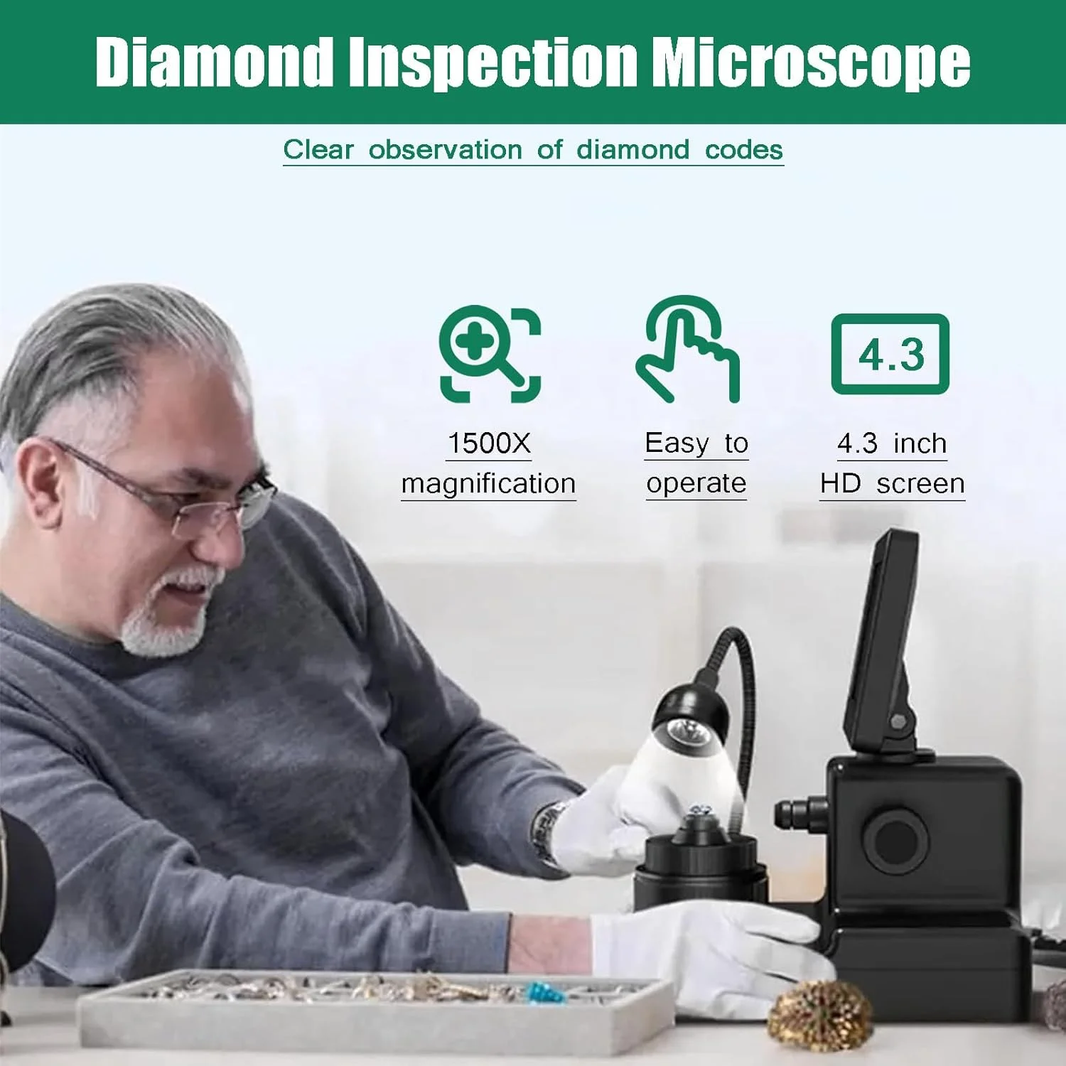 میکروسکوپ دیجیتال LCD 4.3 اینچی برای مشاهده کمربند الماس، بزرگنمایی 50-1500X، با نور LED، شناسایی دقیق، برای مشاهده نوشته های روی الماس