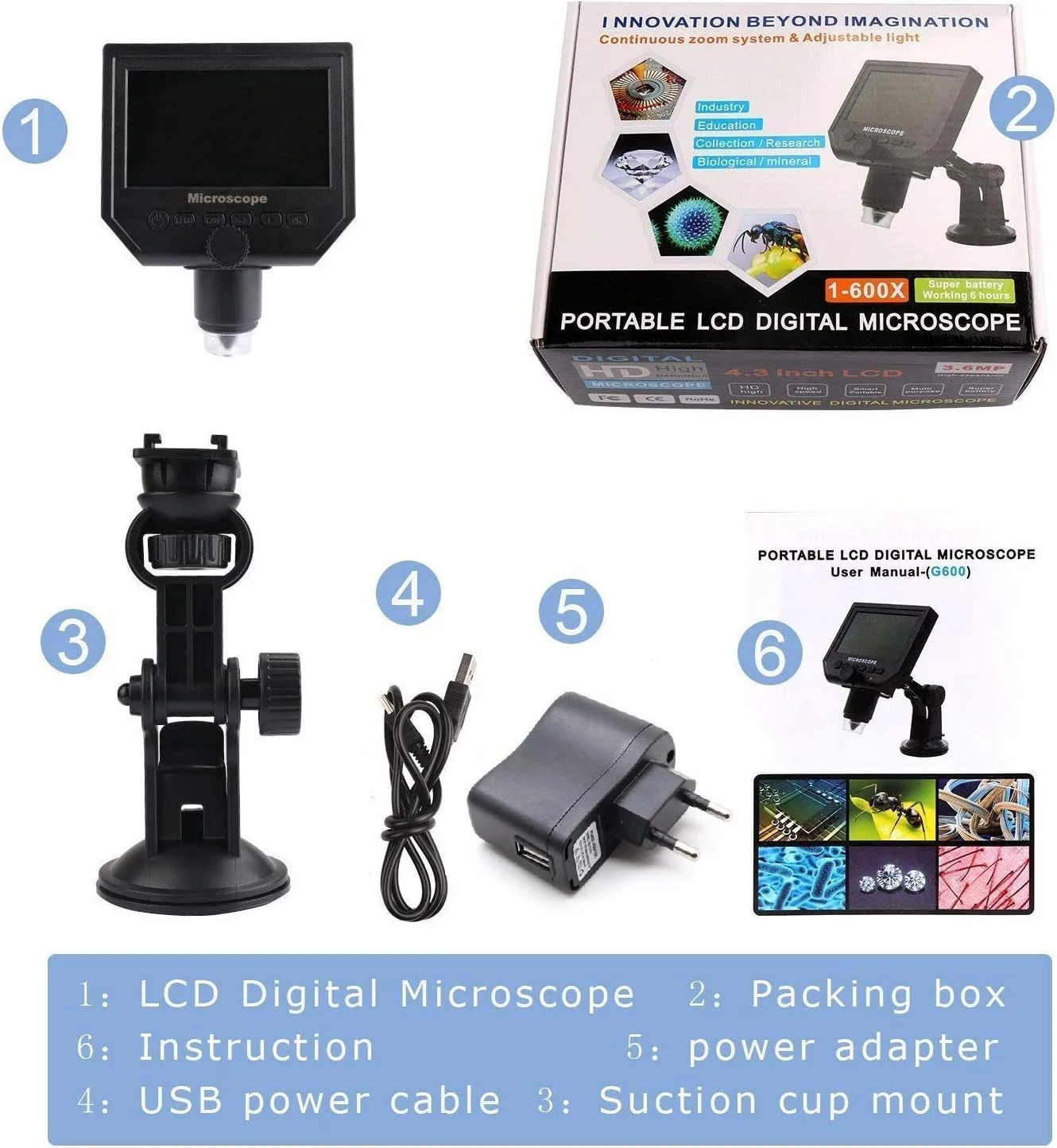 میکروسکوپ دیجیتال ال سی دی هوشمند قابل حمل G600 با صفحه نمایش 4.3 اینچی HD و بزرگنمایی 1-600x و سنسور تصویر 3.6 مگاپیکسلی با رزولوشن بالا 1080p/720p/VGA به همراه پایه قابل تنظیم برای کنترل کیفیت/صنعتی/بازرسی مجموعه