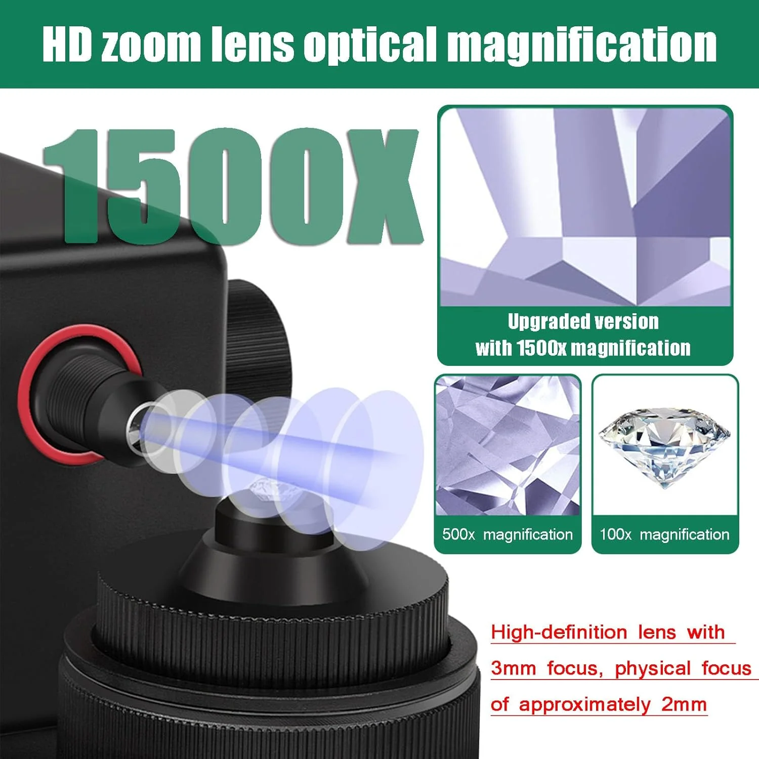 میکروسکوپ دیجیتال LCD 4.3 اینچی برای مشاهده کمربند الماس، بزرگنمایی 50-1500X، با نور LED، شناسایی دقیق، برای مشاهده نوشته های روی الماس