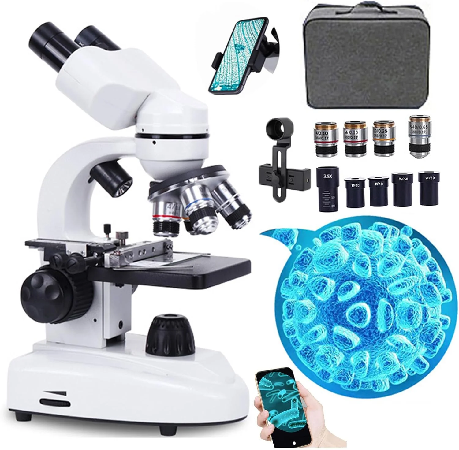 میکروسکوپ ترکیبی دوچشمی (6000X/10000X/20000X) - نورپردازی LED دوگانه / فیلتر پنج رنگ، میکروسکوپ بیولوژیکی HD، برای آزمایش علمی دانشجویان و بزرگسالان آموزشی 10000X