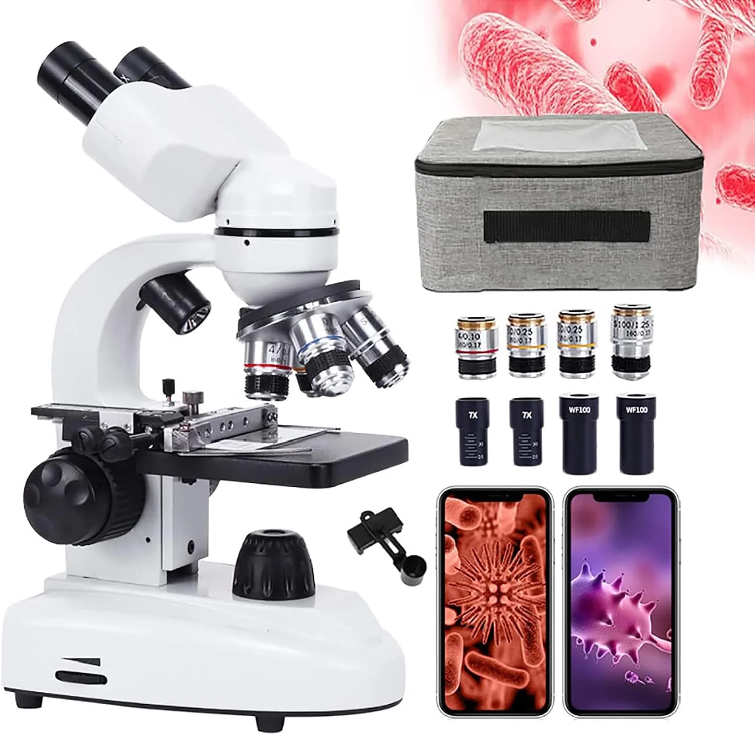 میکروسکوپ ترکیبی دوچشمی، میکروسکوپ مناسب کودکان، دانش‌آموزان و بزرگسالان، قابلیت عکس و فیلم‌برداری با تلفن همراه، به همراه مجموعه اسلاید و لوازم جانبی، 6000X/10000X/15000X/20000X,20000X