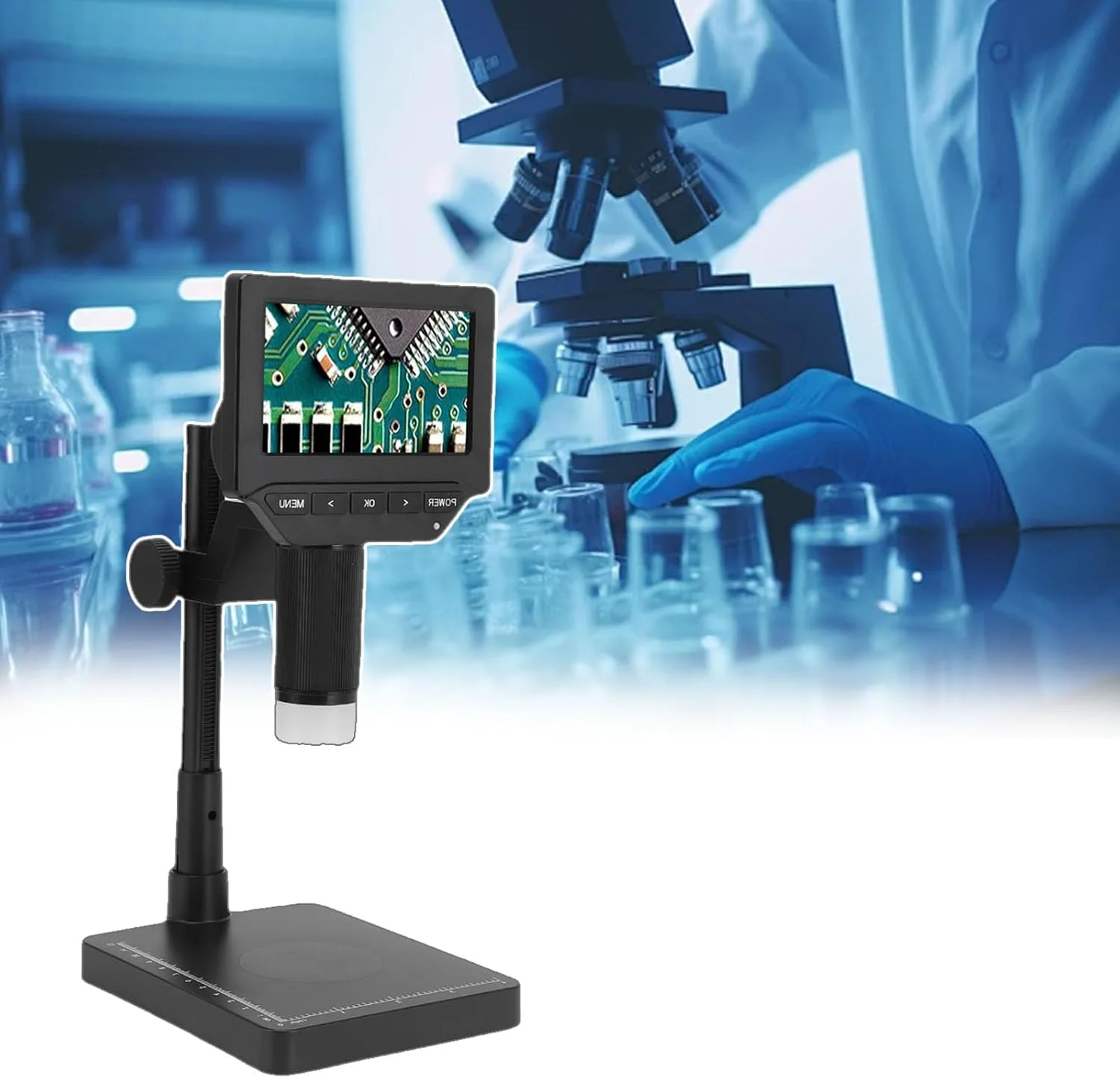 میکروسکوپ آموزشی بیولوژیکی، میکروسکوپ تک چشمی مرکب، صفحه نمایش 4.3 اینچی، ارتفاع کاملا قابل تنظیم (1cm-15cm)، دارای نور پرکننده داخلی/پدهای ضد ضربه، A