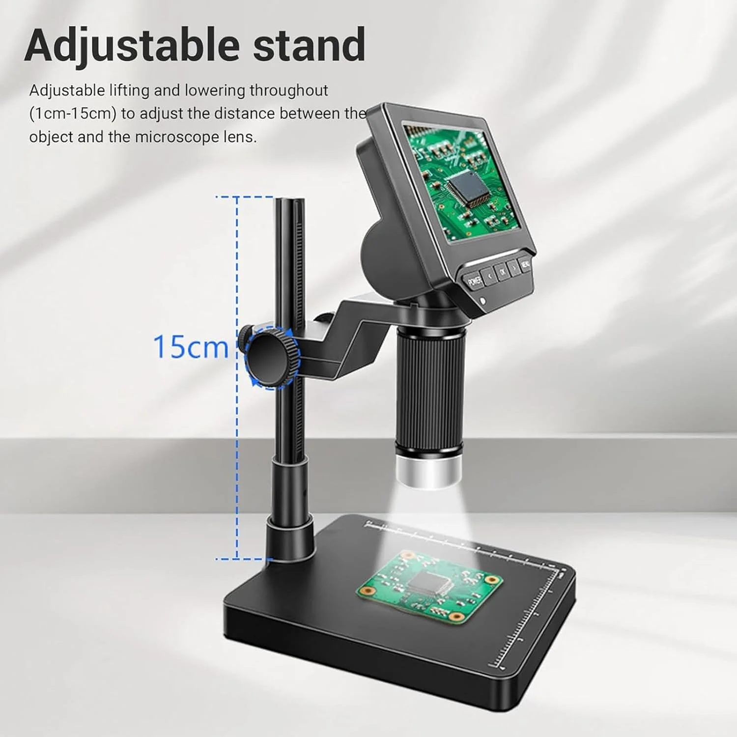 میکروسکوپ آموزشی بیولوژیکی، میکروسکوپ تک چشمی مرکب، صفحه نمایش 4.3 اینچی، ارتفاع کاملا قابل تنظیم (1cm-15cm)، دارای نور پرکننده داخلی/پدهای ضد ضربه، A