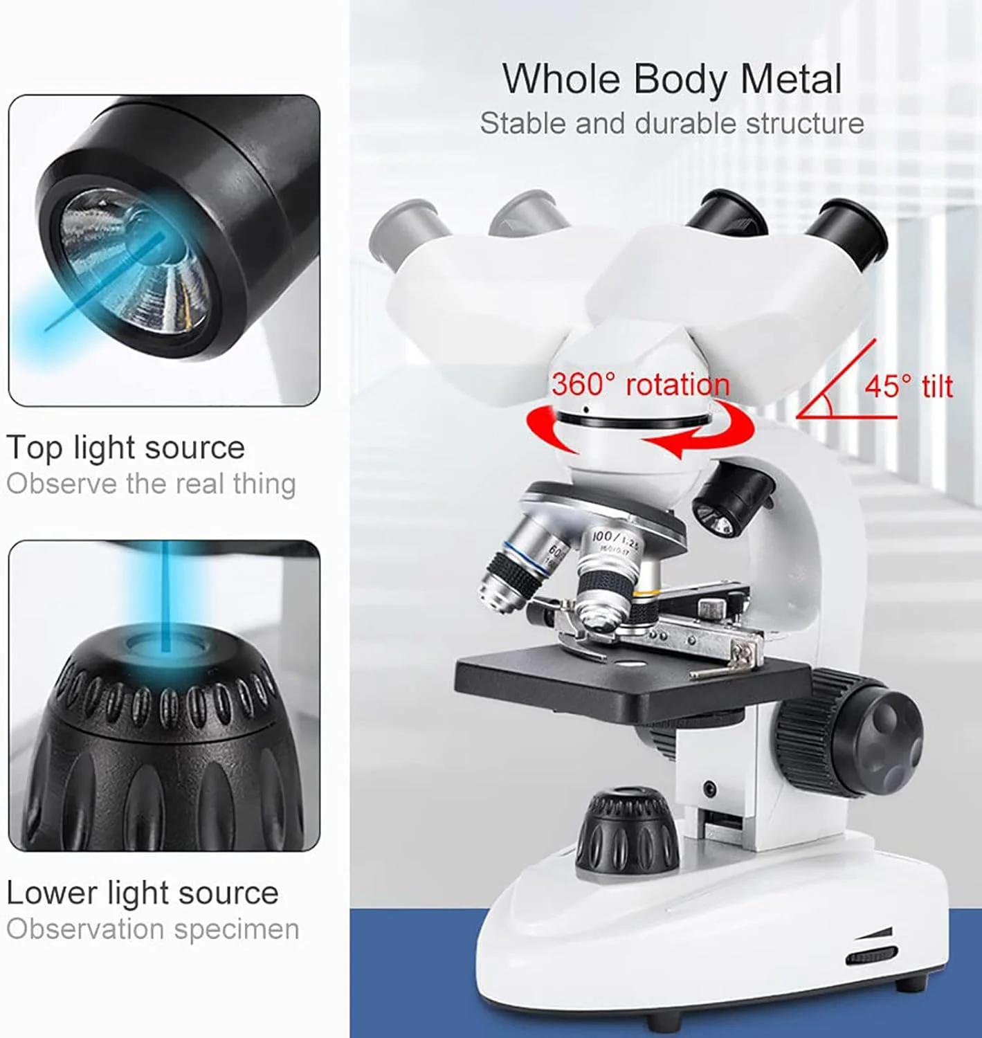 میکروسکوپ دوچشمی مرکب 30000x/50000x/70000x برای کودکان، دانش آموزان و بزرگسالان، همراه با اسلایدهای میکروسکوپ، کیف نگهداری، آداپتور برق و آداپتور تلفن، برای آموزش در مدرسه و خانه، 70000X