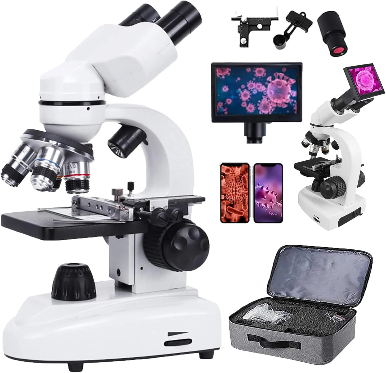 میکروسکوپ بیولوژیکی HD دوچشمی + صفحه نمایش HD 5 اینچی + چشمی الکترونیکی + نگهدارنده تلفن + کیف دستی، نورپردازی LED دوگانه، فوکوس قابل تنظیم، برای دانش آموزان، بزرگسالان، مدرسه، آزمایشگاه 6000X