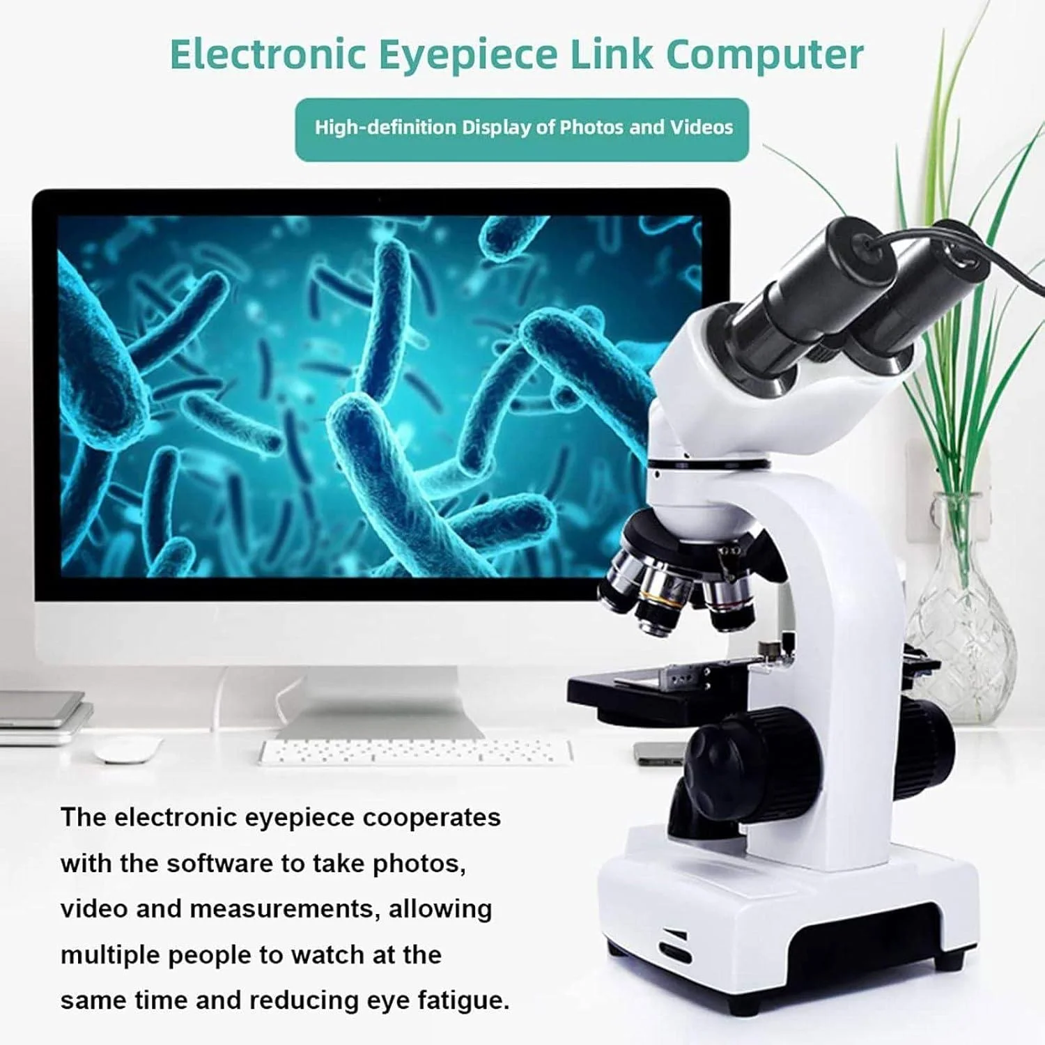 میکروسکوپ بیولوژیکی HD دوچشمی + صفحه نمایش HD 5 اینچی + چشمی الکترونیکی + نگهدارنده تلفن + کیف دستی، نورپردازی LED دوگانه، فوکوس قابل تنظیم، برای دانش آموزان، بزرگسالان، مدرسه، آزمایشگاه 6000X