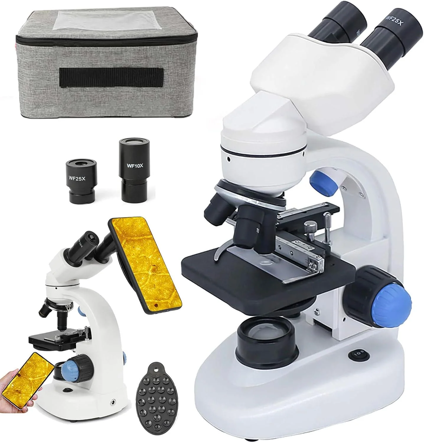 میکروسکوپ دوچشمی 40X-2000X، لنزهای شیئی (4X، 10X، 40X) + عدسی های چشمی (WF10X، WF25X) + افزایش دهنده 2X، به همراه اسلایدهای میکروسکوپ، نور LED بالا و پایین برای آزمایش های دانشجویی و تحقیقات