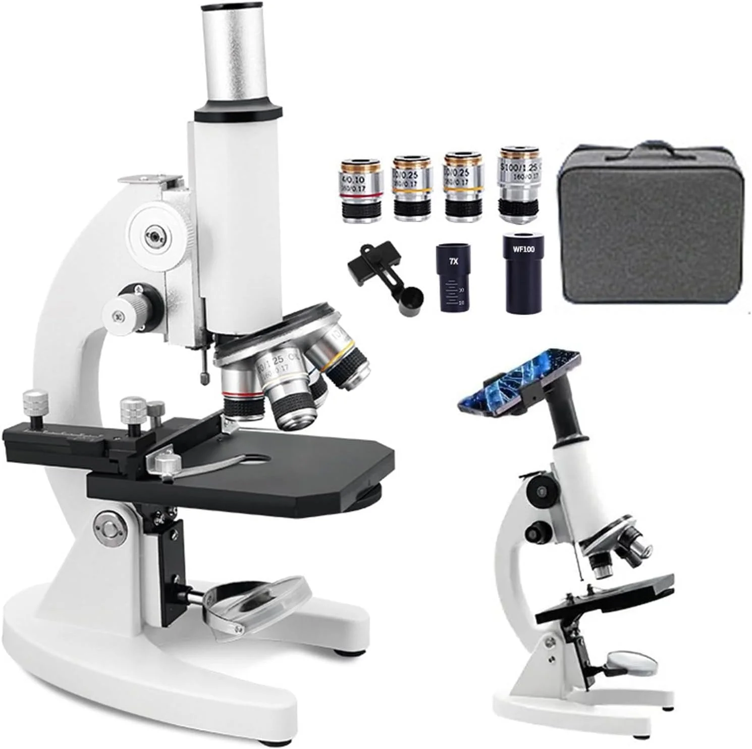 میکروسکوپ بیولوژیکی HD مدل 30000X/50000X/70000X به همراه نگهدارنده تلفن و کیف دستی، مجموعه میکروسکوپ نوری تک چشمی برای دانش آموزان و بزرگسالان، لنزهای شیئی آکروماتیک HD 185، مناسب برای آموزش، آزمایشگاه و سرگرمی 70000X