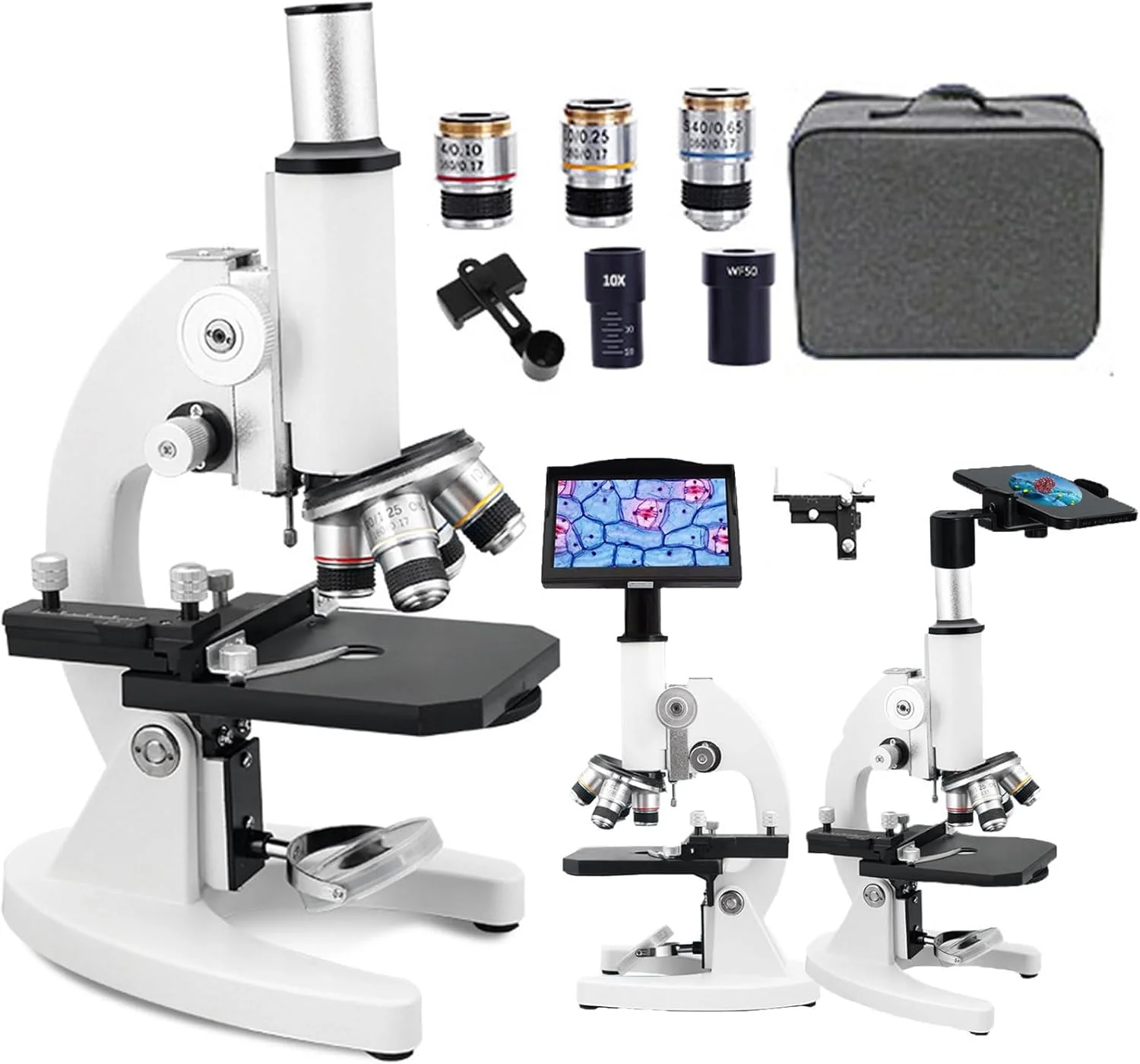 میکروسکوپ بیولوژیکی HD مدل 30000X/50000X/70000X + صفحه نمایش HD 5 اینچی + نگهدارنده تلفن + کیف دستی، مجموعه میکروسکوپ نوری تک چشمی برای مدرسه/آزمایشگاه/آبزی پروری، برای دانش آموزان و بزرگسالان 30000X