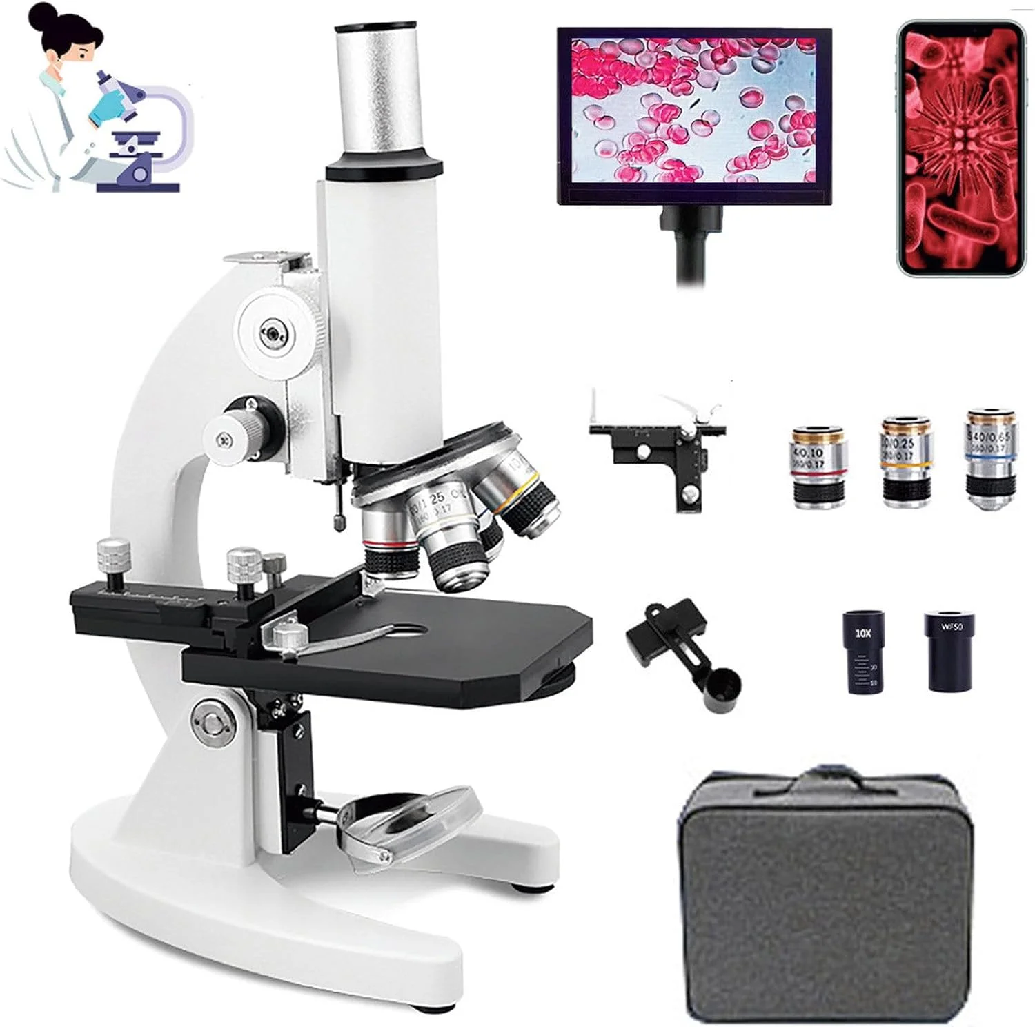 میکروسکوپ بیولوژیکی 30000x/50000x/70000x، صفحه نمایش 5.0 اینچی، عدسی چشمی تمام نوری با زاویه دید باز، لنز شیئی آپوکروماتیک با وضوح بالا 185، آداپتور تلفن همراه 70000X