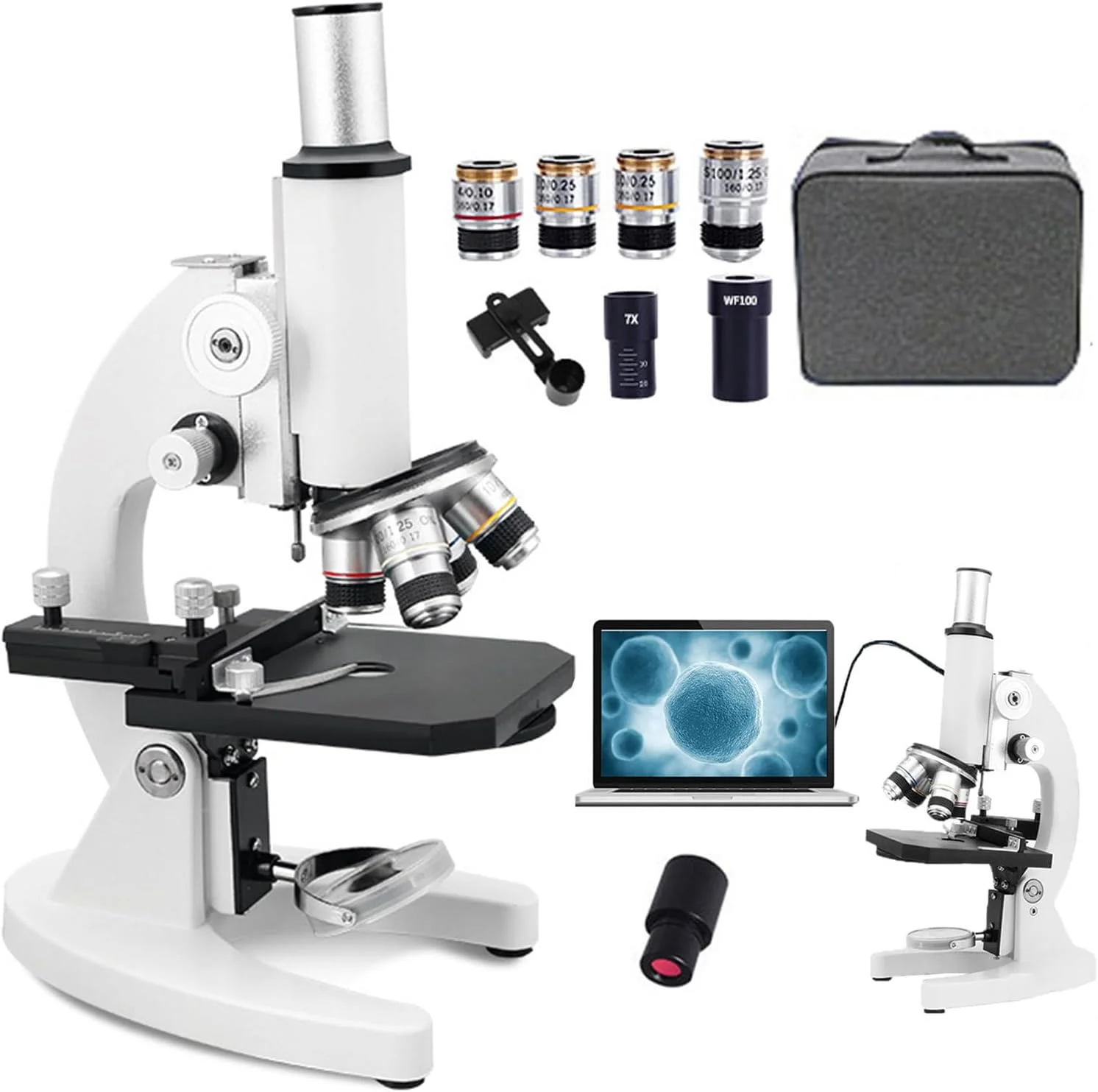 میکروسکوپ بیولوژیکی HD با بزرگنمایی 30000X/50000X/70000X + چشمی الکترونیکی + نگهدارنده تلفن + کیف دستی، مجموعه میکروسکوپ نوری تک چشمی برای دانش آموزان، بزرگسالان، آموزش، آزمایشگاه، آبزی پروری 70000X