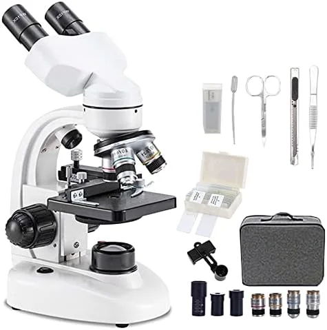 میکروسکوپ دوچشمی 20000x برای بزرگسالان، به همراه اسلایدهای میکروسکوپ، نگهدارنده تلفن و کیت های آماده سازی نمونه، چراغ های LED قابل تنظیم، فوکوس هم محور درشت و ظریف