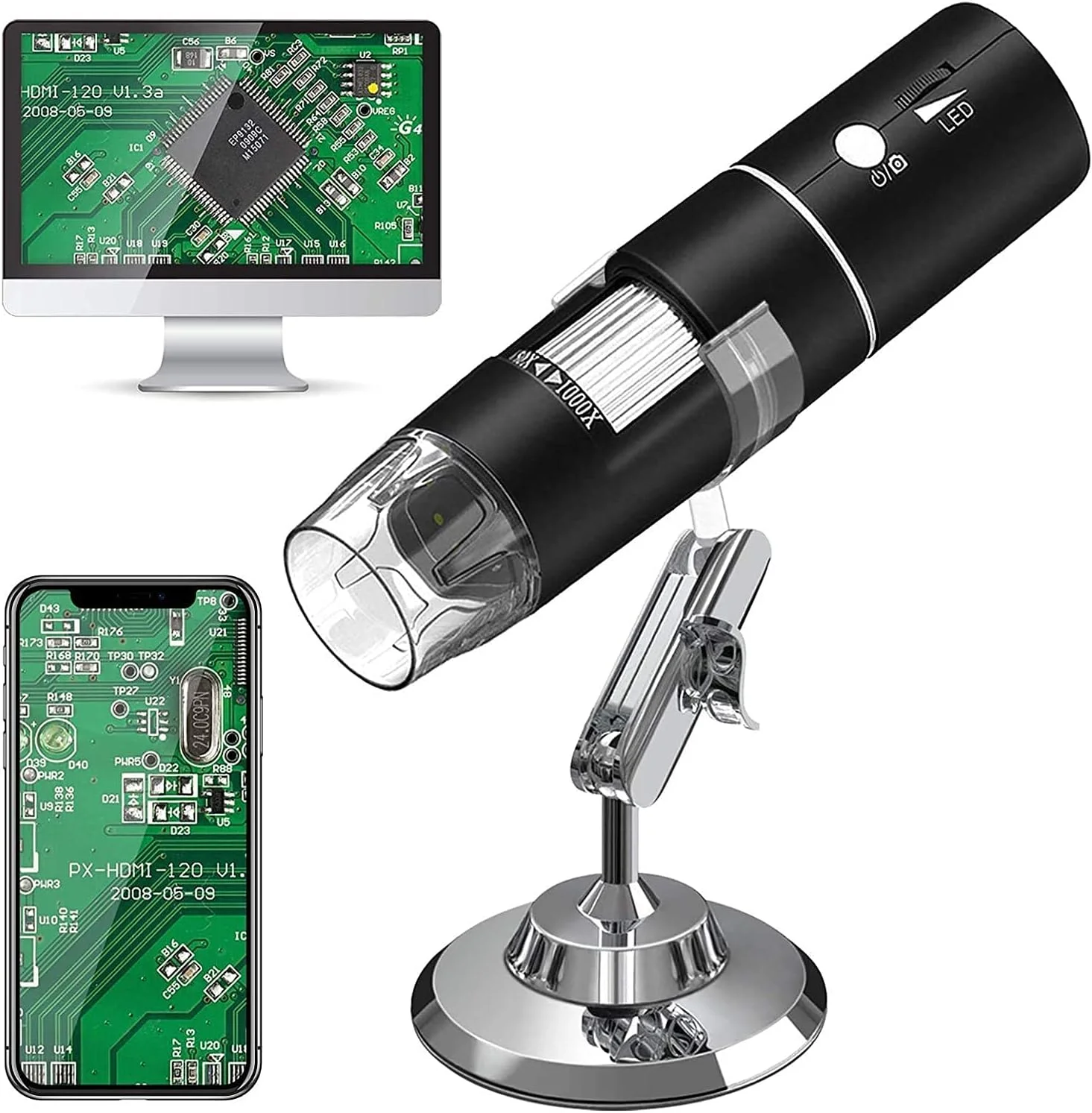 میکروسکوپ دیجیتال بی سیم وای فای دستی USB HD با بزرگنمایی 50x-1000x به همراه پایه، سازگار با آیفون، آیپد، سامسونگ گلکسی، اندروید، مک، کامپیوتر ویندوز