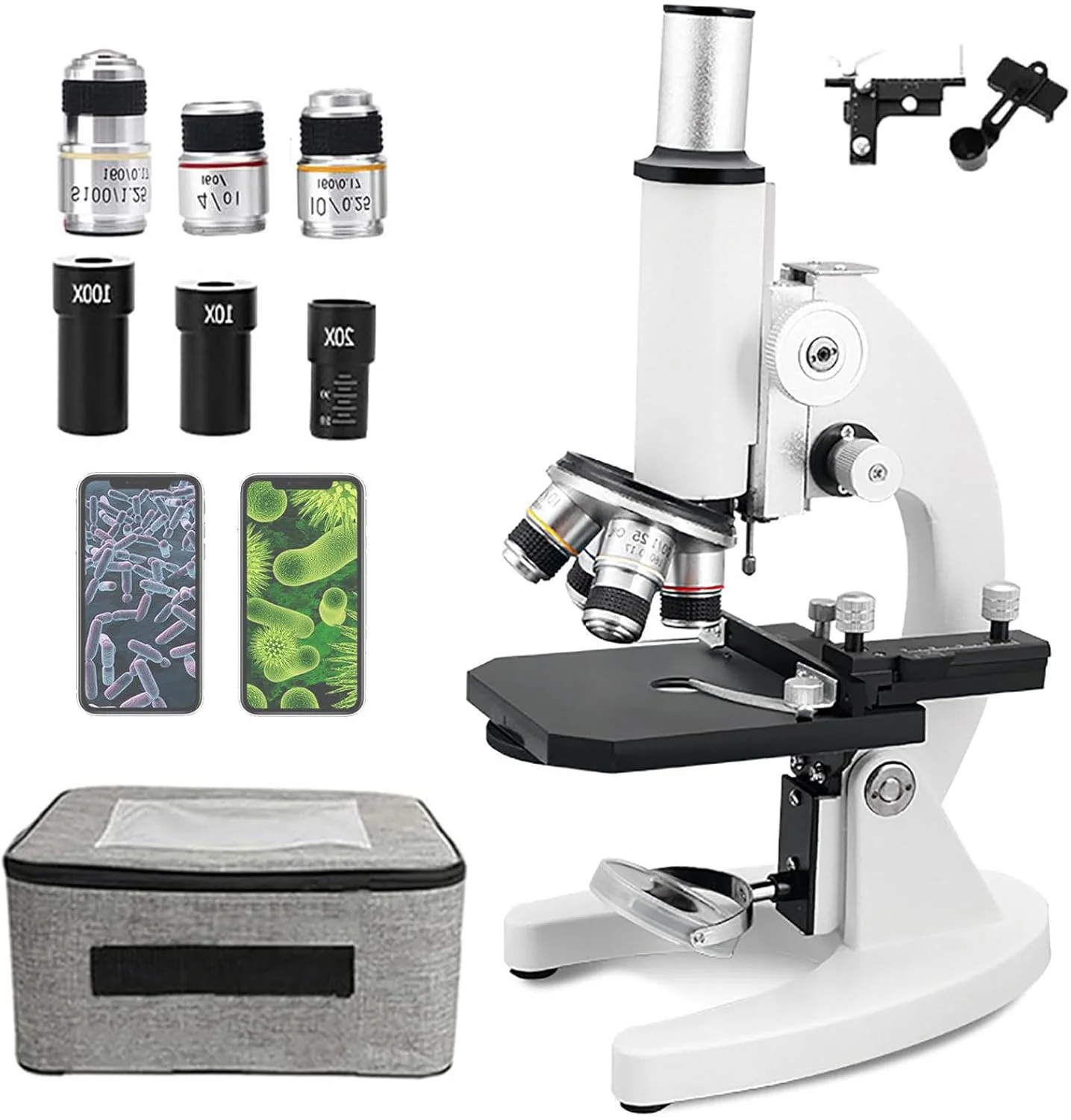 میکروسکوپ بیولوژیکی 100000X/150000X/200000X (زاویه دید 0-45 درجه) + نگهدارنده تلفن همراه، مجموعه میکروسکوپ تک چشمی، برای آبزی پروری/آموزش آزمایشگاهی 150000X