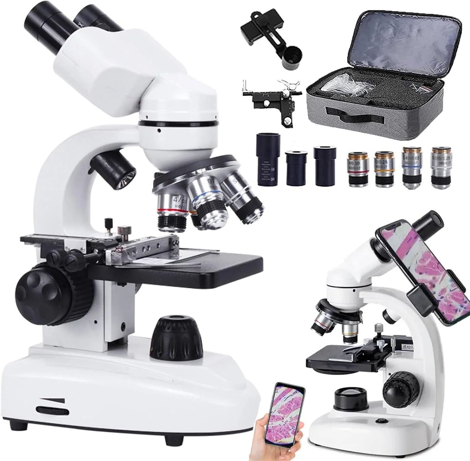 میکروسکوپ نوری دوچشمی 10000X، نورپردازی LED دوگانه + نگهدارنده تلفن، فوکوس هم محور درشت و دقیق، لنزهای شیئی (4X، 6X، 10X، 60X) + عدسی های چشمی (3.5X، 2 عدد 10X، 2 عدد 50X)، برای آزمایشگاه مدرسه