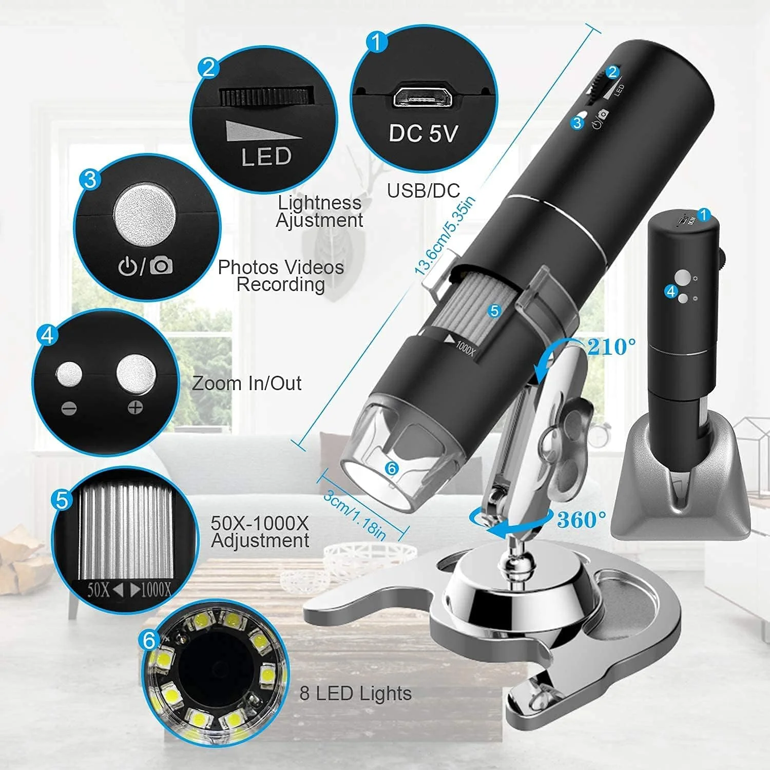 میکروسکوپ دیجیتال بی سیم وای فای دستی USB HD با بزرگنمایی 50x-1000x به همراه پایه، سازگار با آیفون، آیپد، سامسونگ گلکسی، اندروید، مک، کامپیوتر ویندوز