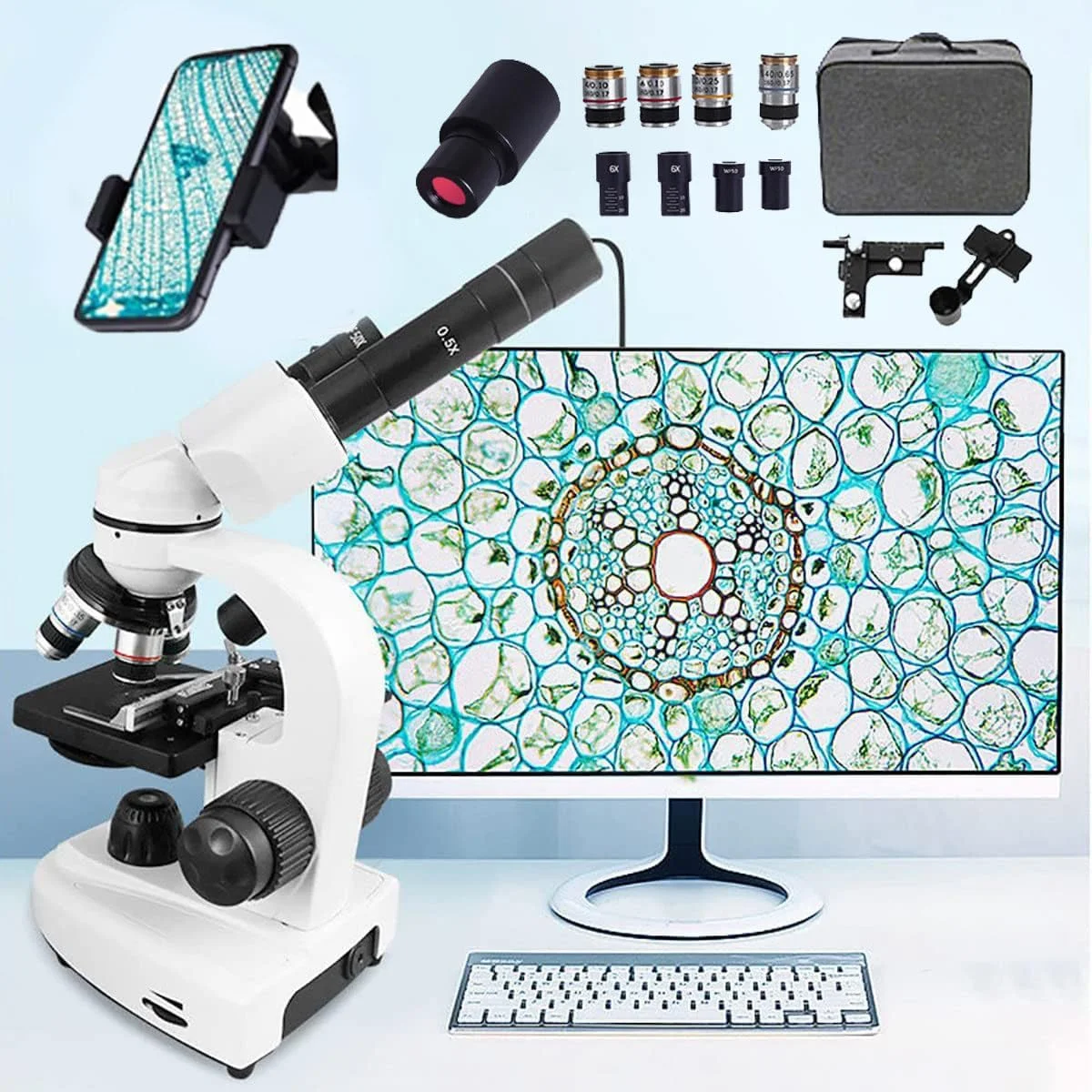 میکروسکوپ ترکیبی دوچشمی 12000X/18000X/30000X، میکروسکوپ بیولوژیکی + چشمی الکترونیکی + نگهدارنده تلفن + کیف دستی، قابل اتصال به کامپیوتر، برای آموزش دانش آموزان و بزرگسالان در آزمایشگاه 30000X