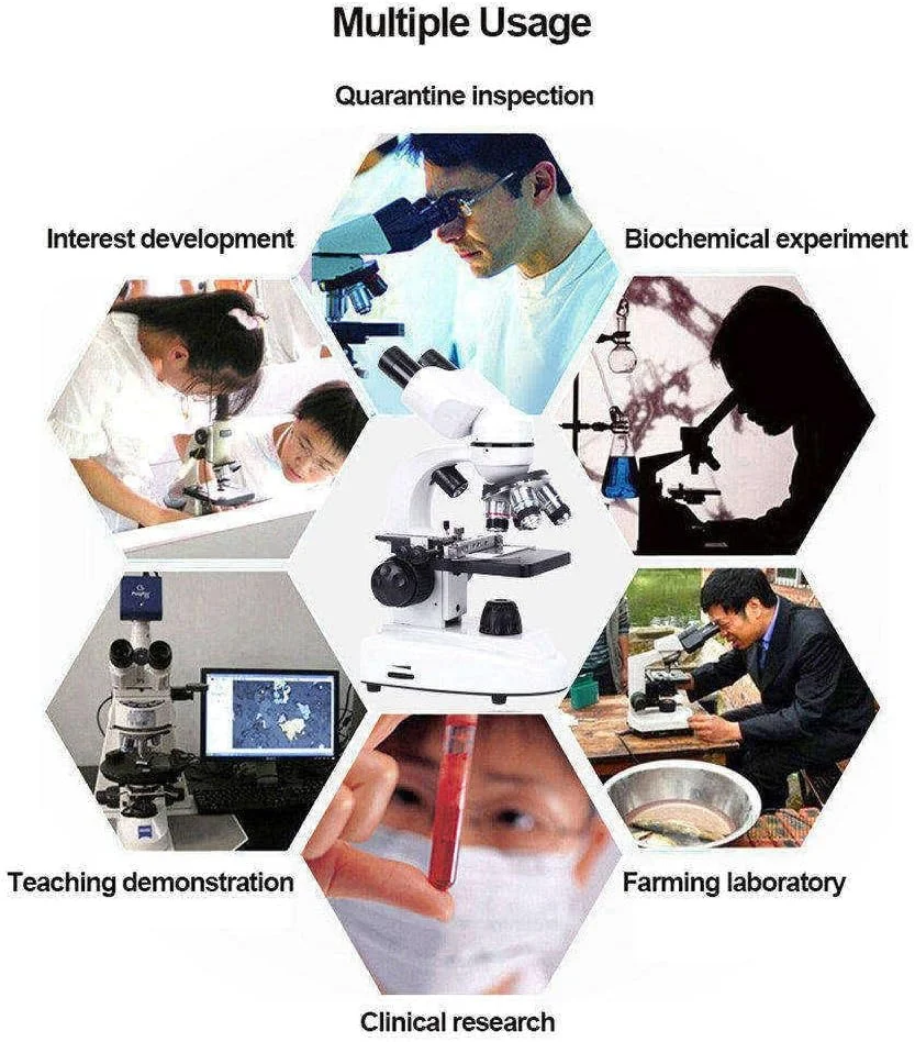 میکروسکوپ نوری دوچشمی 10000X، نورپردازی LED دوگانه + نگهدارنده تلفن، فوکوس هم محور درشت و دقیق، لنزهای شیئی (4X، 6X، 10X، 60X) + عدسی های چشمی (3.5X، 2 عدد 10X، 2 عدد 50X)، برای آزمایشگاه مدرسه