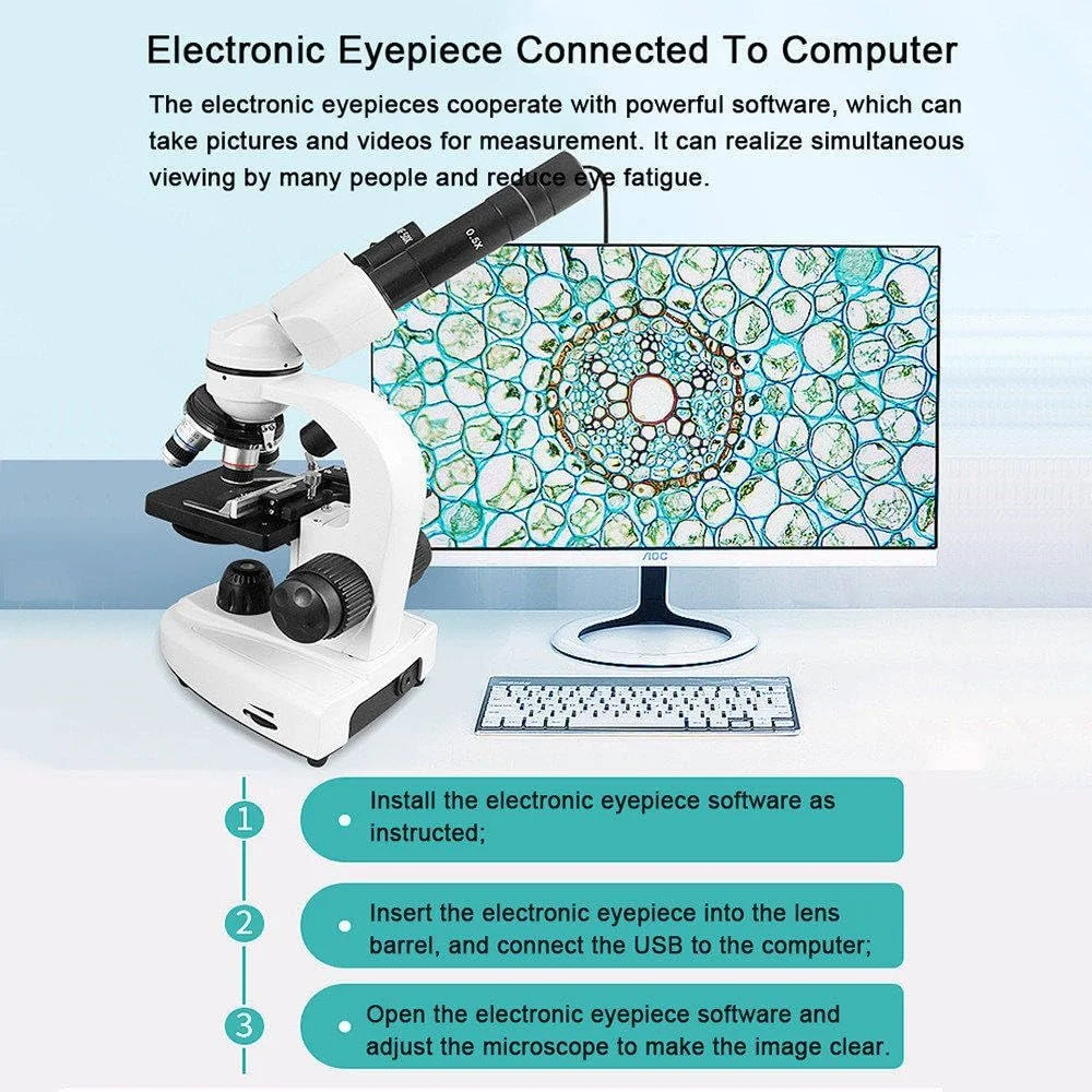 میکروسکوپ ترکیبی دوچشمی 12000X/18000X/30000X، میکروسکوپ بیولوژیکی + چشمی الکترونیکی + نگهدارنده تلفن + کیف دستی، قابل اتصال به کامپیوتر، برای آموزش دانش آموزان و بزرگسالان در آزمایشگاه 30000X