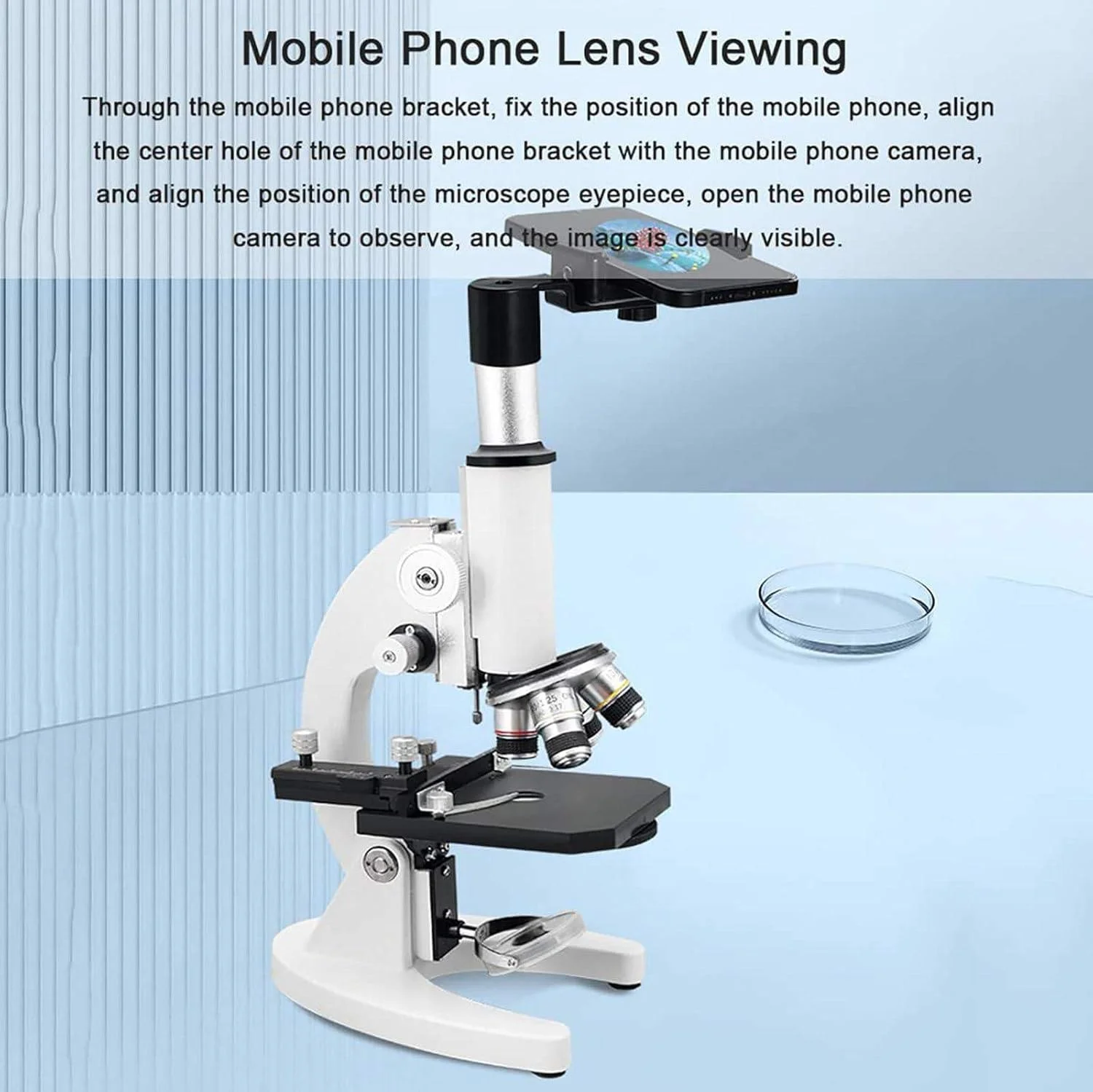 میکروسکوپ بیولوژیکی 100000X/150000X/200000X (زاویه دید 0-45 درجه) + نگهدارنده تلفن همراه، مجموعه میکروسکوپ تک چشمی، برای آبزی پروری/آموزش آزمایشگاهی 150000X