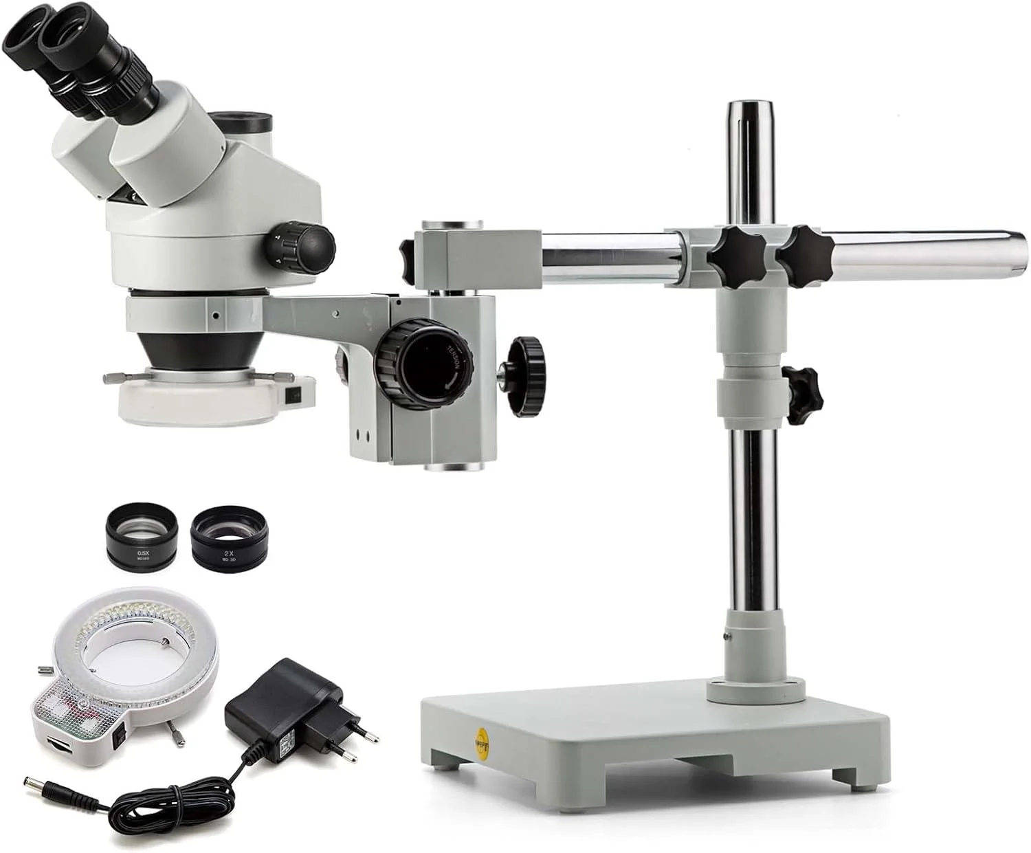 میکروسکوپ استریو زوم سه چشمی حرفه ای Swift، چشمی های WF10X، بزرگنمایی 3.5X-90X، لنز زوم 0.7X-4.5X، نور حلقه ای LED 144 لامپ، پایه بازویی تک بازو، لنزهای بارلو 0.5X و 2.0X