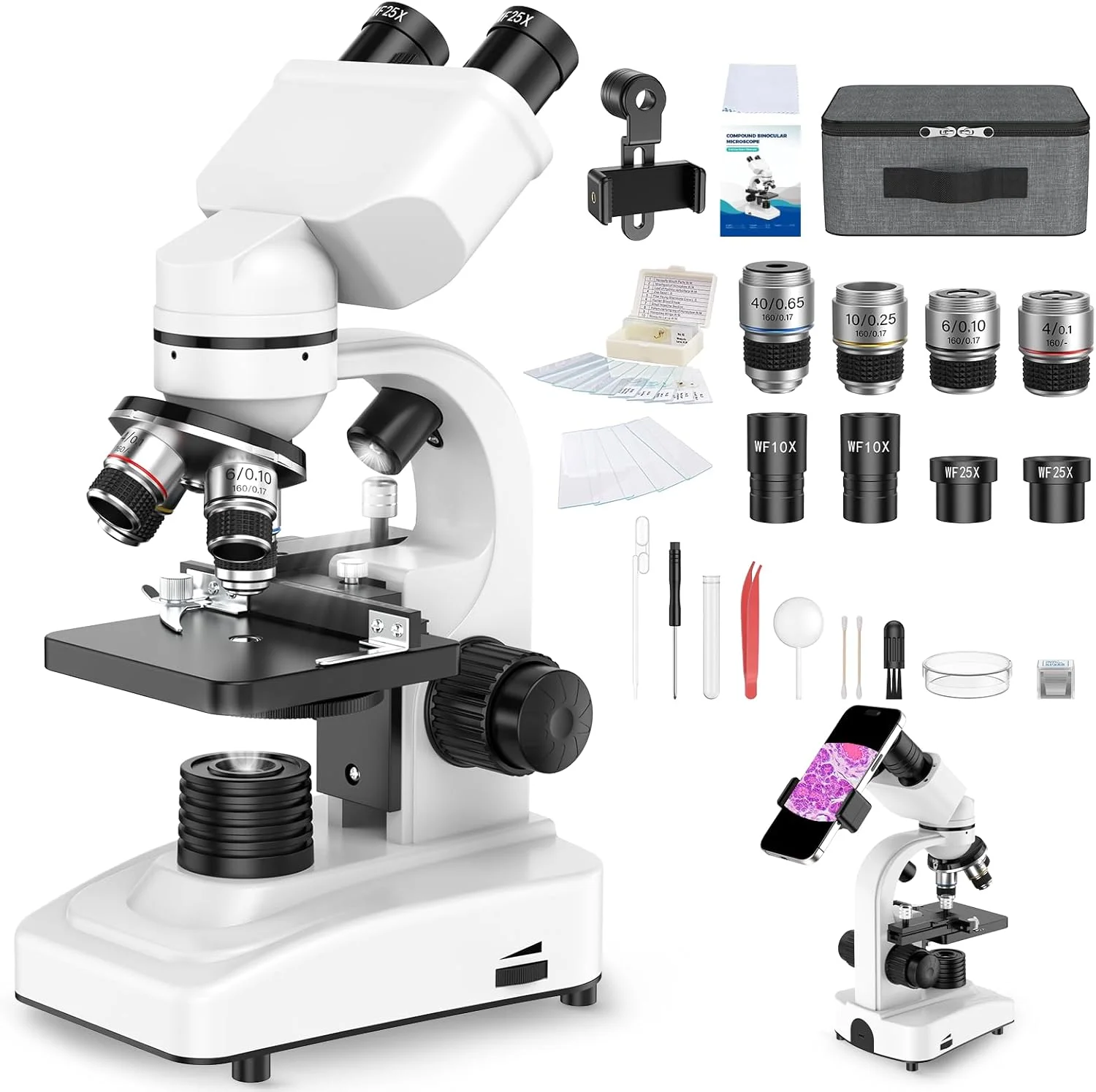 میکروسکوپ دوچشمی، 40X-1000X، خط کش اسلاید، 4 لنز شیئی، فوکوس درشت و ظریف، با چشمی های WF 10X/25X، لوازم جانبی، کیف حمل