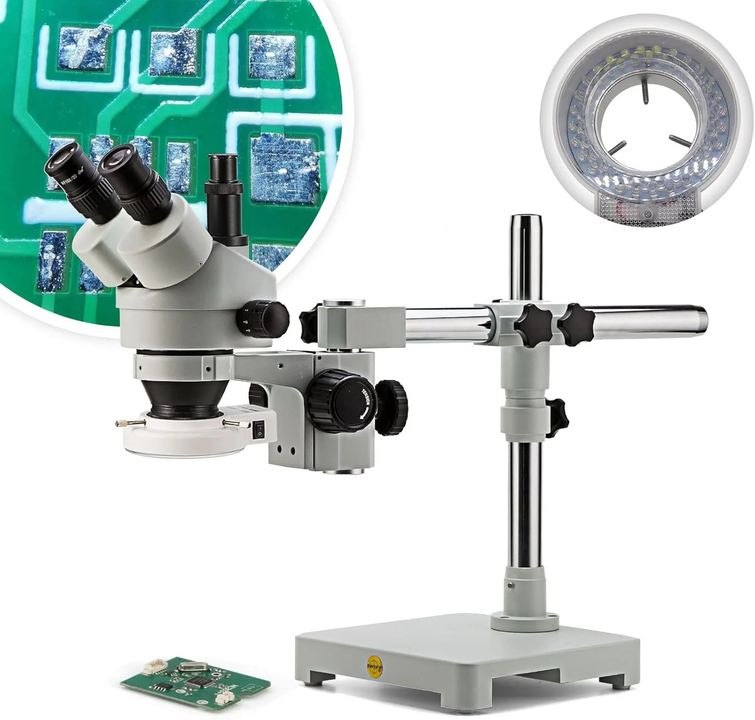 میکروسکوپ استریو سه چشمی SWIFT S7 با بزرگنمایی 7X-45X، عدسی های چشمی 10X میدان باز، لنز زوم شیئی 0.7X-4.5X، پایه بوم تک بازویی و نور حلقه ای LED 56 لامپی