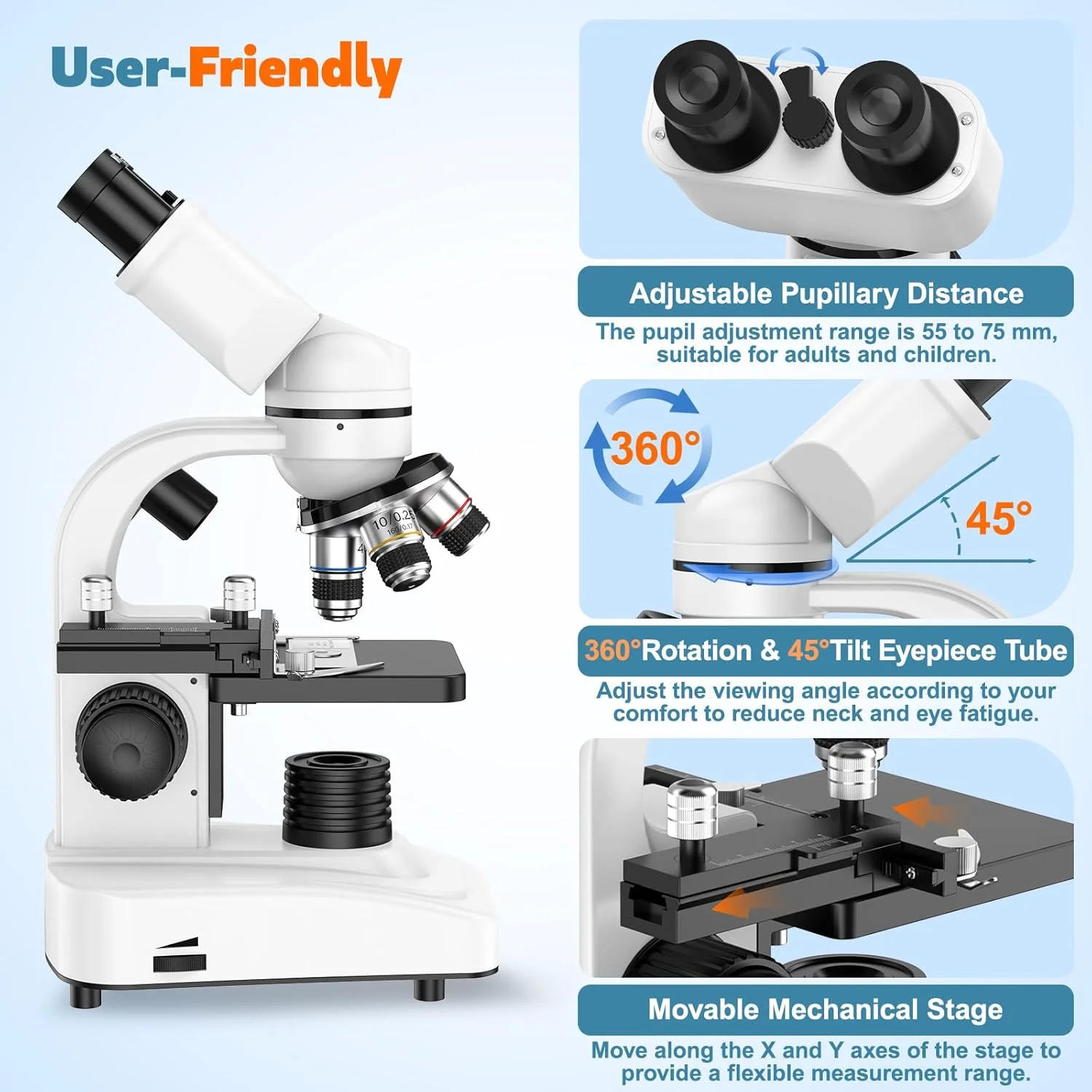 میکروسکوپ دوچشمی، 40X-1000X، خط کش اسلاید، 4 لنز شیئی، فوکوس درشت و ظریف، با چشمی های WF 10X/25X، لوازم جانبی، کیف حمل