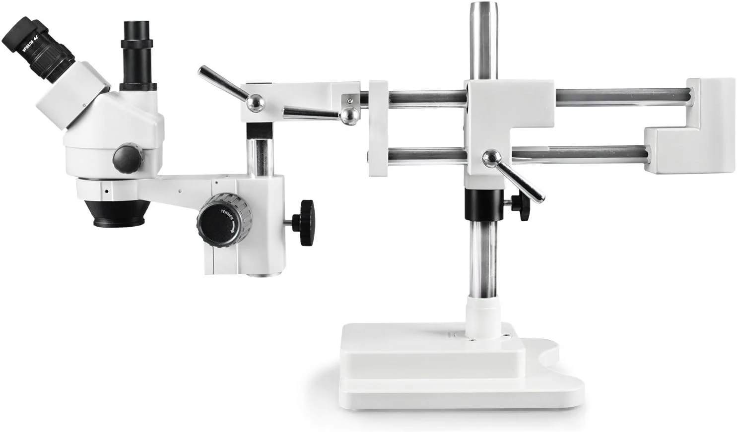میکروسکوپ استریو زوم سه چشمی Parco Scientific، چشمی وایدفیلد 10x، محدوده زوم 0.7x-4.5x، محدوده بزرگنمایی 7x-45x، پایه بوم بازوی دوتایی
