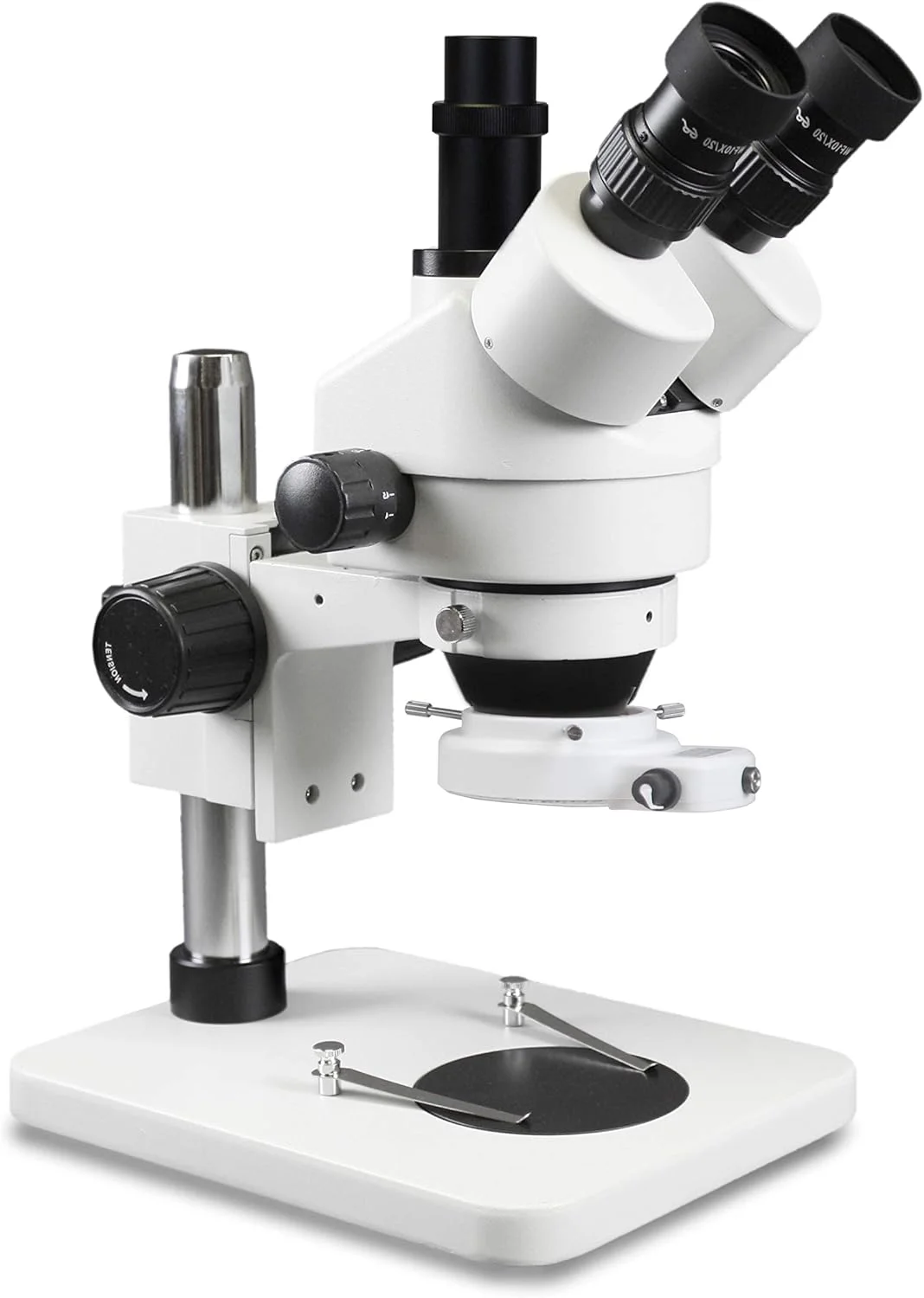 میکروسکوپ استریو زوم سه چشمی Parco Scientific PA-1FX-IFR09W | چشمی وایدفیلد 10x | محدوده زوم 0.7X—4.5X، محدوده بزرگنمایی 3.5X—45x، لنز بارلو 0.5X | پایه ستونی | نور حلقوی 144-LED