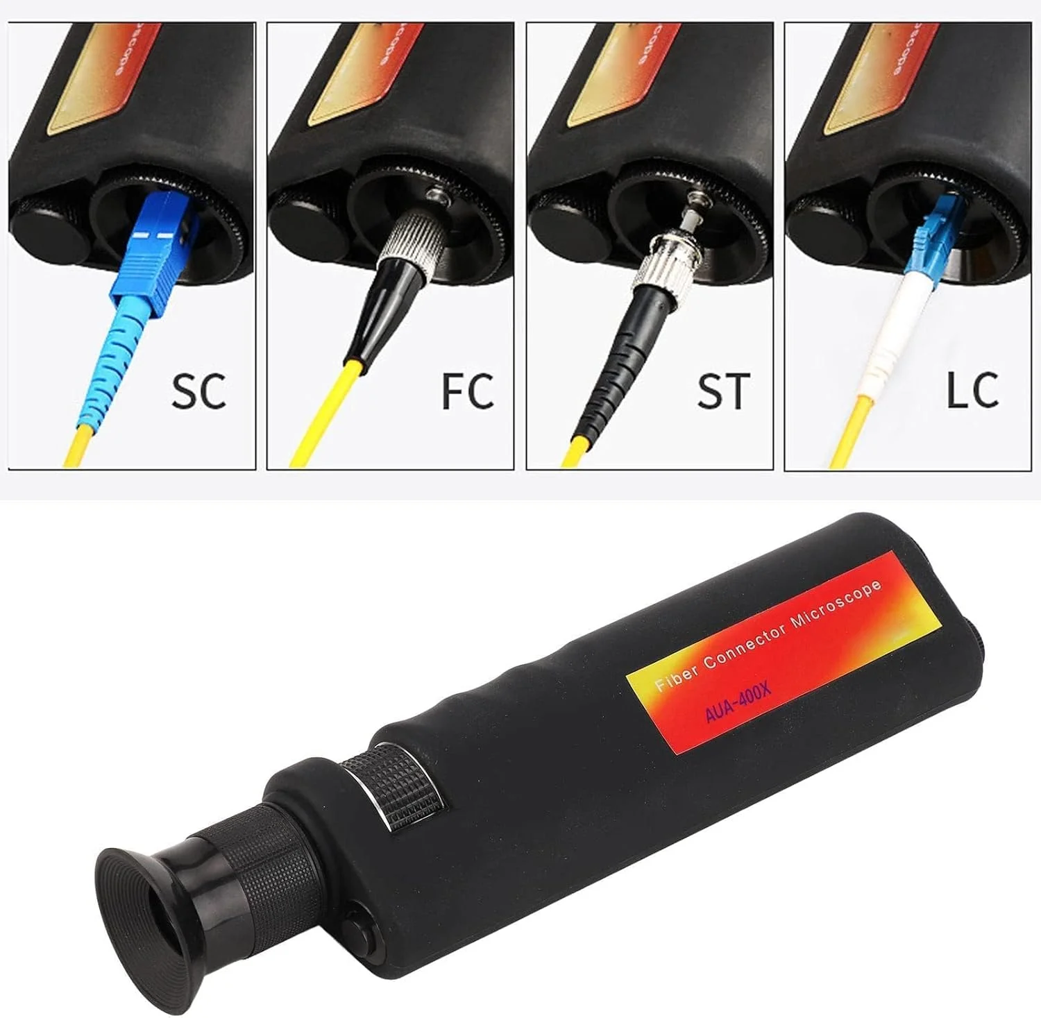 میکروسکوپ فیبر نوری، ابزار بازرسی میکروسکوپ فیبر نوری دستی 400x با نور LED و نورپردازی کواکسیال آداپتورهای 2.5 میلی‌متری و 1.25 میلی‌متری، آشکارساز میکروسکوپ کابل فیبر برای SC FC ST LC