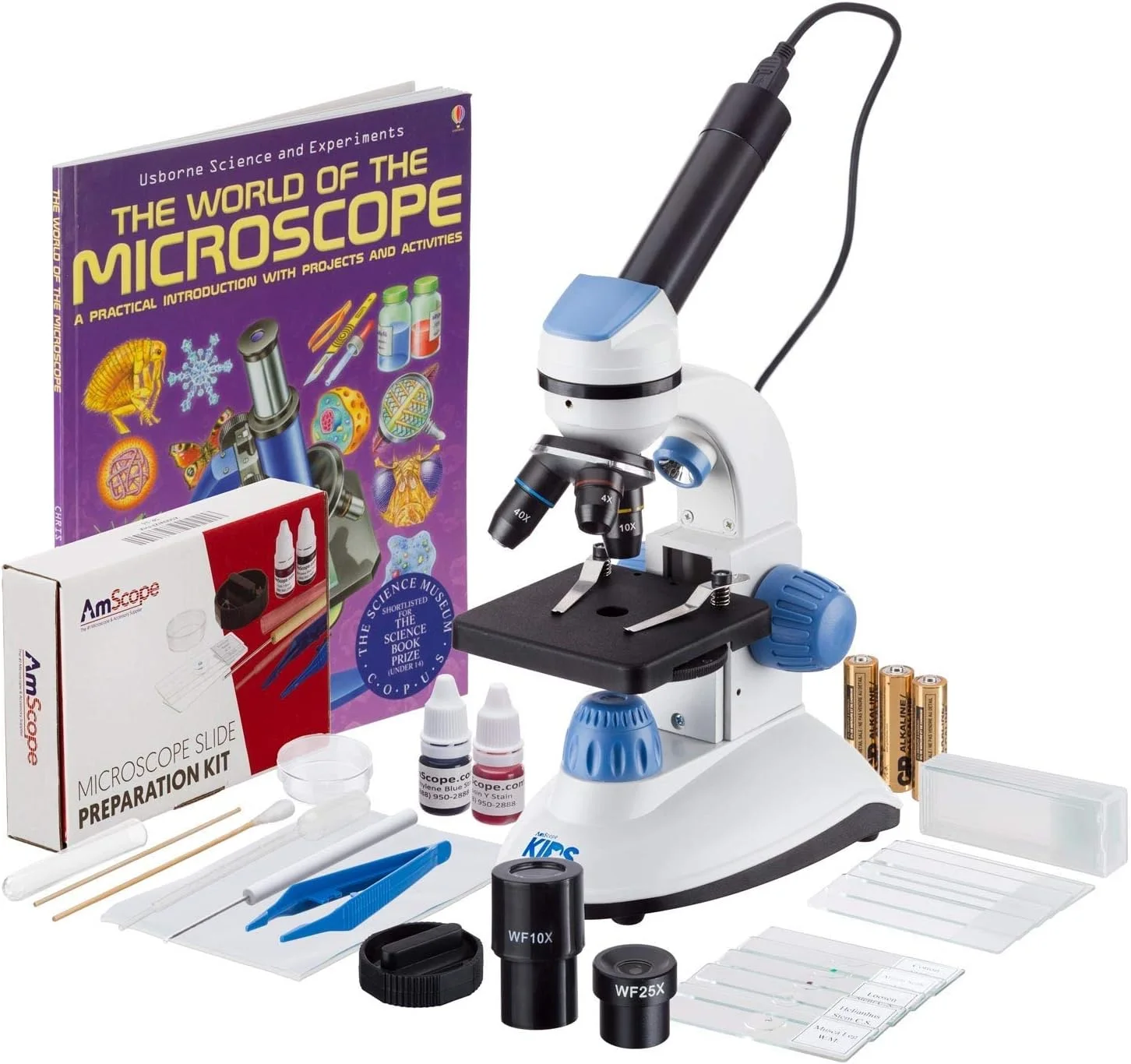 میکروسکوپ دوگانه روشنایی IQCrew by AmScope M50C-B14-WM-E1 40X-1000X (آبی) به همراه چشمی دیجیتال 1.3 مگاپیکسلی، کیت آماده سازی اسلاید و کتاب