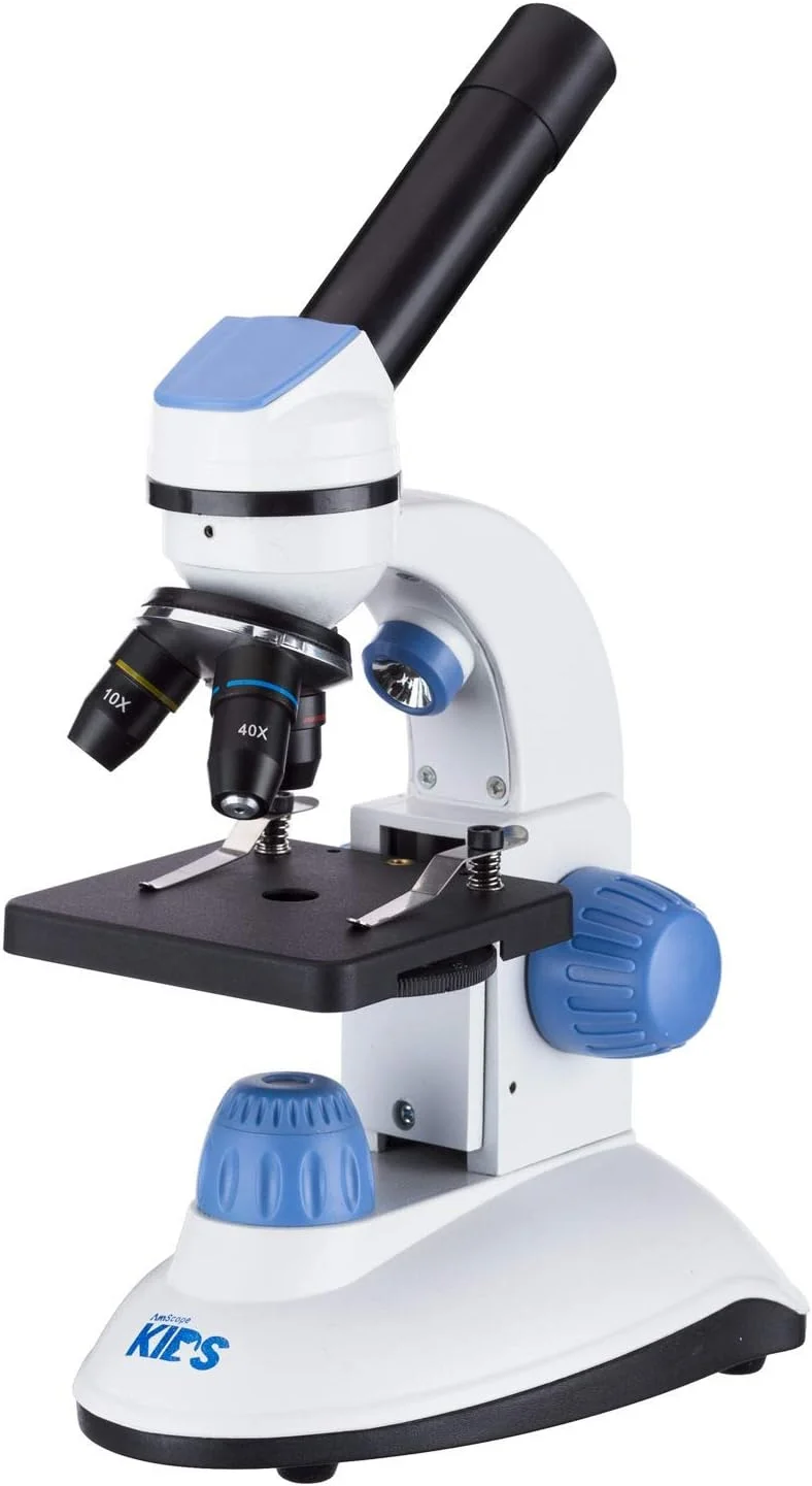 میکروسکوپ دوگانه روشنایی IQCrew by AmScope M50C-B14-WM-E1 40X-1000X (آبی) به همراه چشمی دیجیتال 1.3 مگاپیکسلی، کیت آماده سازی اسلاید و کتاب