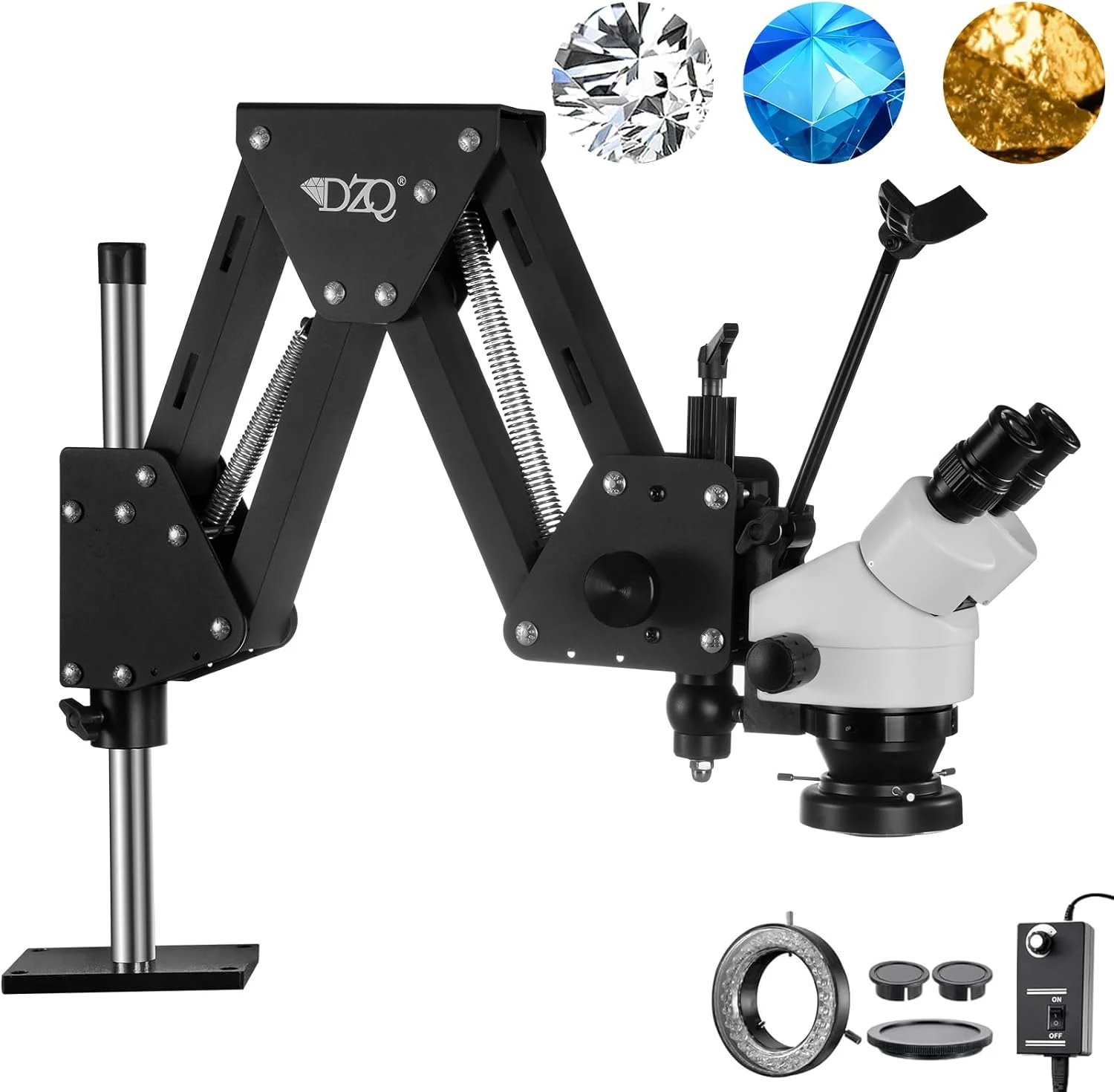 ست میکروسکوپ چند جهته DZQ با آینه میکرو اینلید 7X-45X، فاصله کاری 3.7-11.8 اینچ، براکت فنری میکروسکوپ با نور حلقوی برای ساخت جواهرات (نور حلقوی 60 ال ای دی 1X)