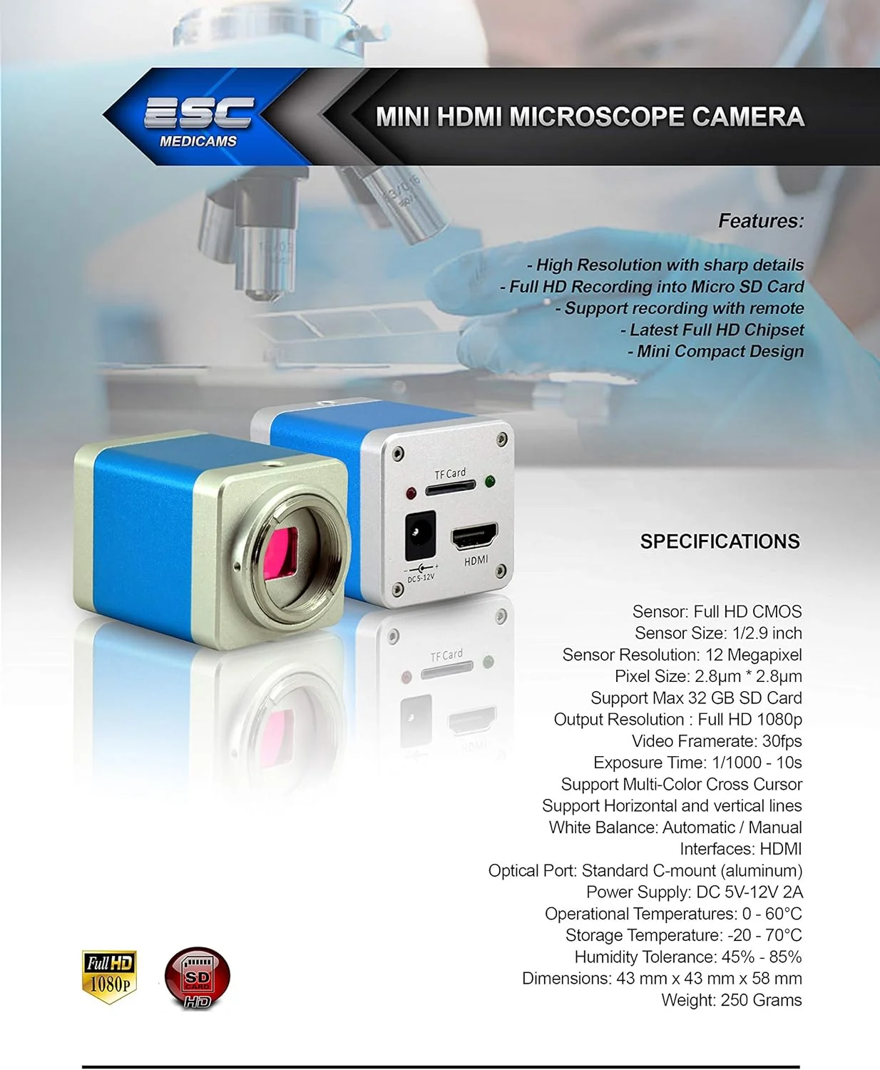 دوربین میکروسکوپ HDMI دیجیتال فول اچ دی 1080p برای اسپلیتر پرتو چشمی، لامپ شکاف، چشمی دوچشمی سه چشمی، آداپتور C-Mount 13 مگاپیکسل با قابلیت ضبط در کارت SD