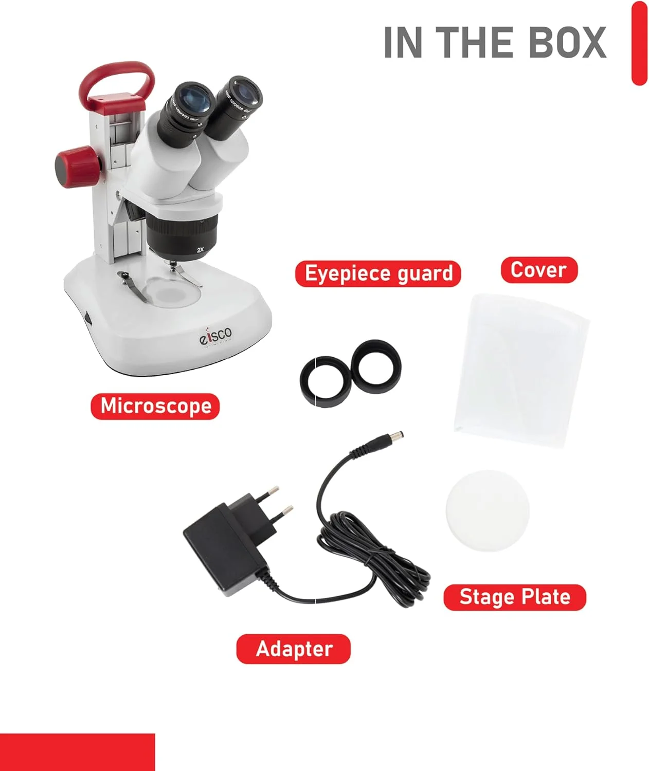 میکروسکوپ استریو دوچشمی ممتاز EISCO Redline، بزرگنمایی دوگانه، LED تابشی و عبوری با کنترل روشنایی، میدان دید گسترده 10X/20 با چشمی، دارای دسته حمل