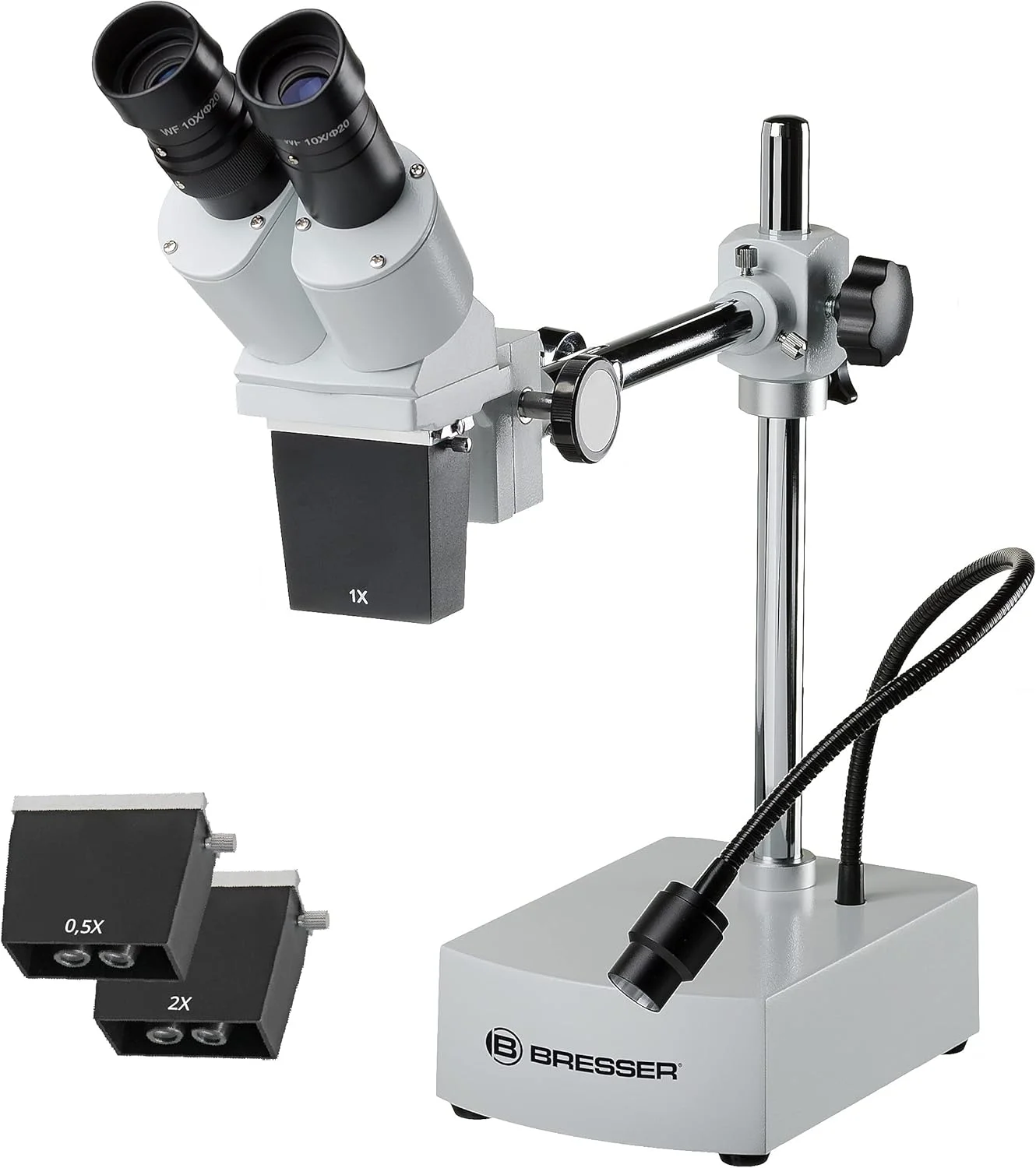 میکروسکوپ استریو نور از بالا Bresser Biorit ICD-CS با بزرگنمایی 5x 20x، دارای 3 لنز قابل تعویض، LED و فاصله کاری 230 میلی‌متری