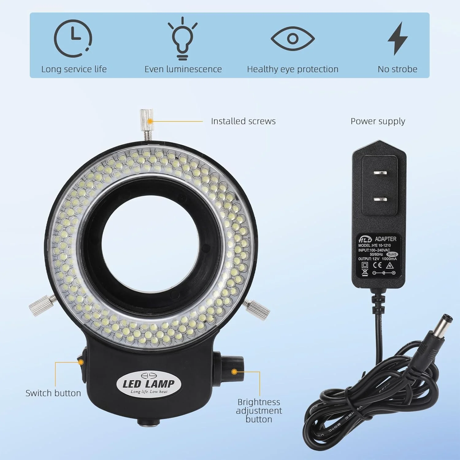 حلقه نور میکروسکوپ 144 LED، منبع نور حلقه ای لامپ میکروسکوپ روشنایی قابل تنظیم برای میکروسکوپ های استریو آزمایشگاهی و دوربین