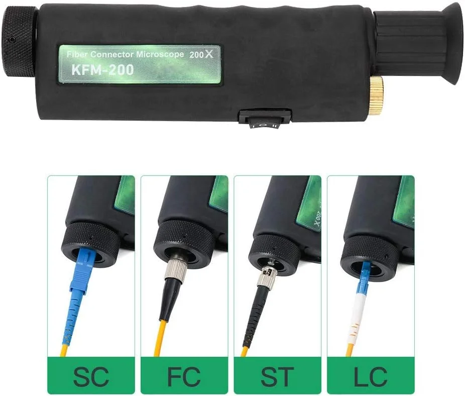 میکروسکوپ فیبر نوری 200x دستی کوچک برای تست کابل های فیبر نوری با نور LED و آداپتورهای 1.25 میلی متری و 2.5 میلی متری