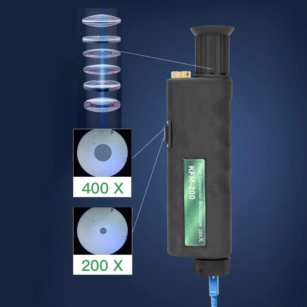 میکروسکوپ فیبر نوری 200x دستی کوچک برای تست کابل های فیبر نوری با نور LED و آداپتورهای 1.25 میلی متری و 2.5 میلی متری