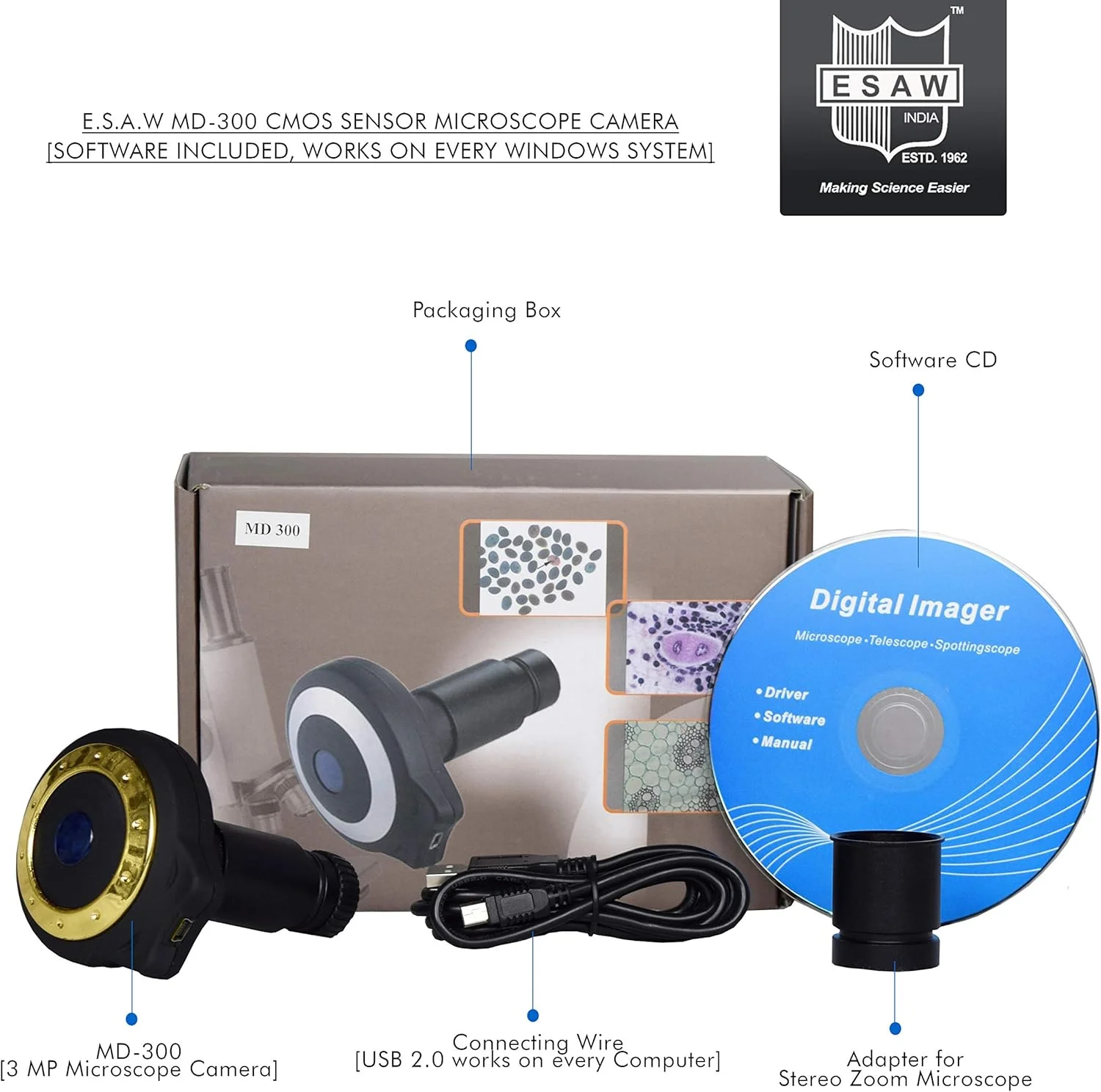 دوربین میکروسکوپ 3 مگاپیکسلی ESAW MD-300 به همراه نرم افزار [USB 2.0 سازگار با انواع ویندوز، غیر سازگار با iOS]