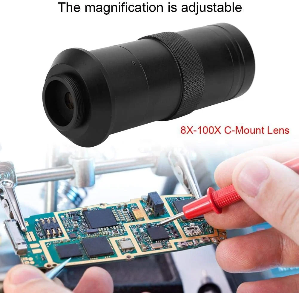 لنز میکروسکوپ CCD با مانت C مدل EBTOOLS با بزرگنمایی 8 تا 100 برابر، لنز دوربین میکروسکوپ صنعتی دیجیتال 25 میلی‌متری با زوم و بزرگنمایی قابل تنظیم